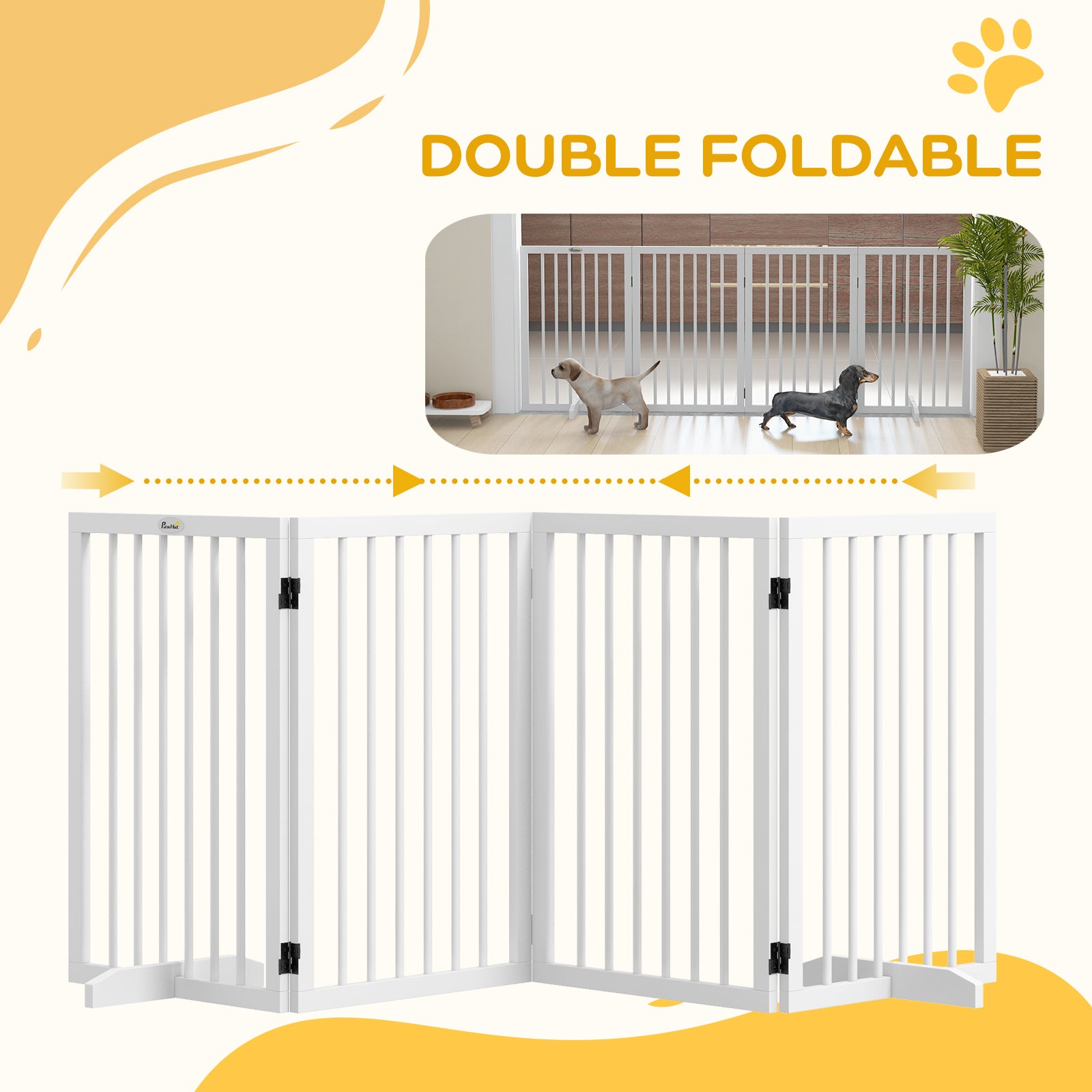 Free Standing Pet Gate, Foldable Dog Gates with 2 Support Feet, 4 Panels for Doorway Stairs, 30" High Wooden Pet Fence for Small Medium Dogs, Indoor Use, White