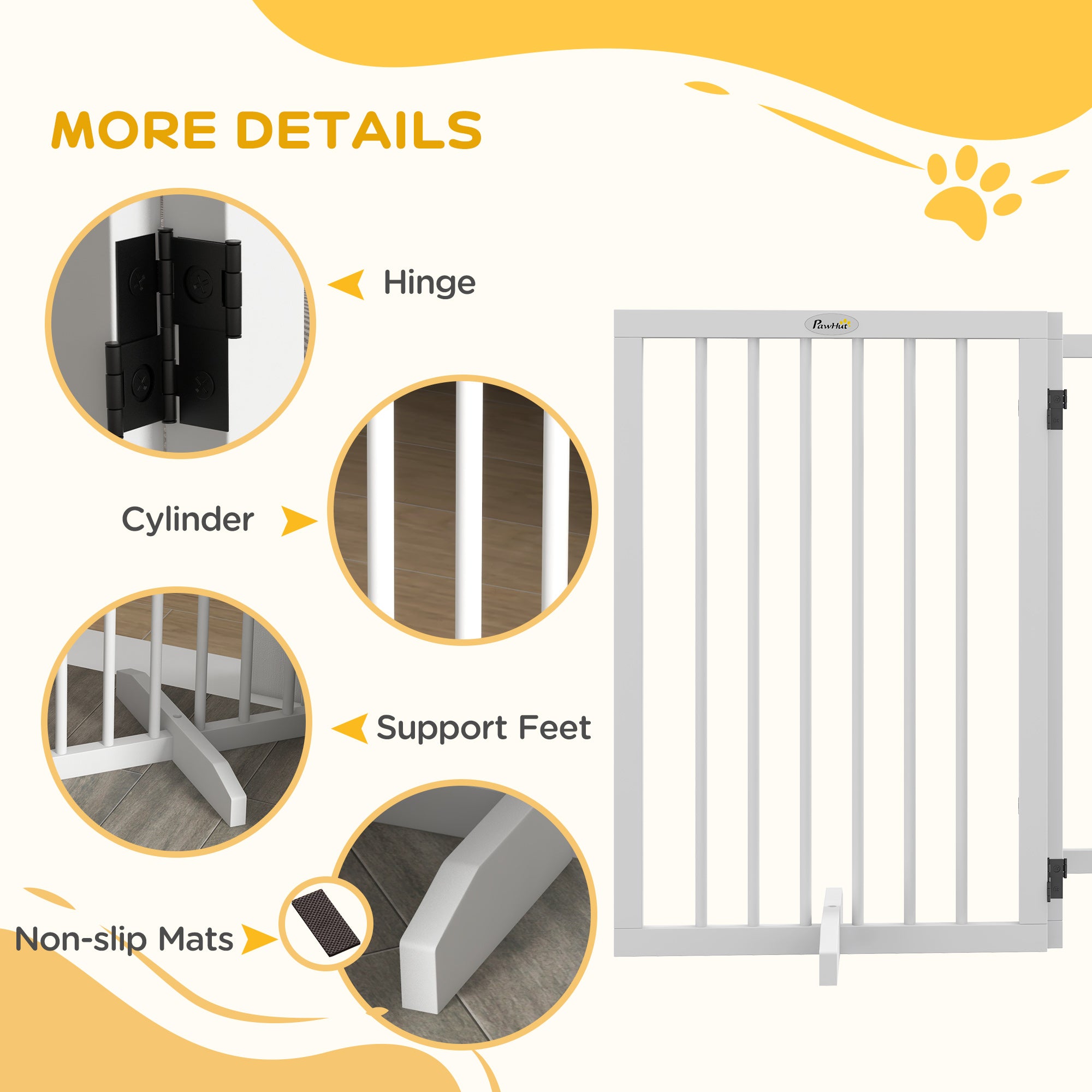 Free Standing Pet Gate, Foldable Dog Gates with 2 Support Feet, 4 Panels for Doorway Stairs, 30" High Wooden Pet Fence for Small Medium Dogs, Indoor Use, White