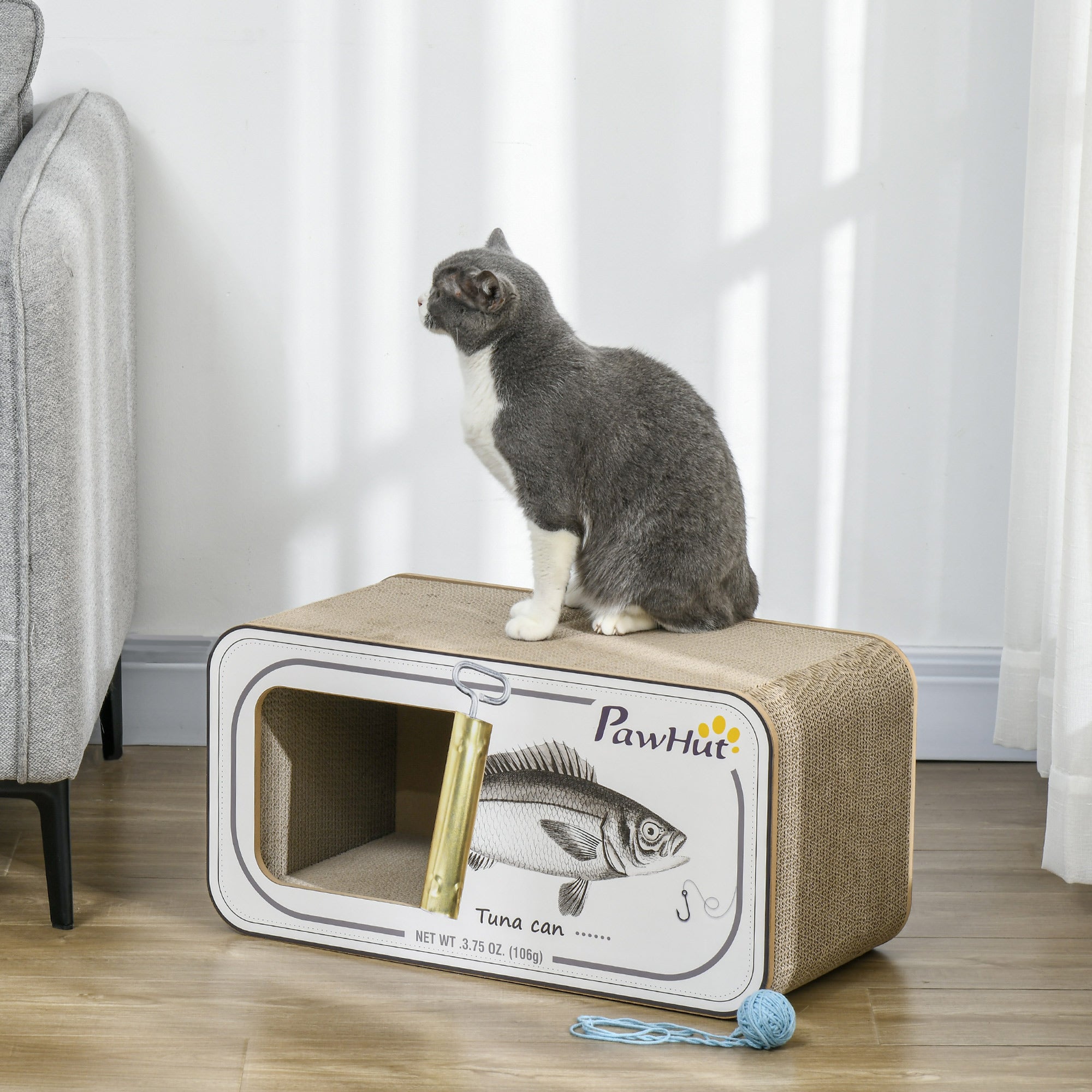 Cat Scratching Board, 2 in 1 Cat Scratcher Cardboard with Catnip, Canned Tuna Design Cat House for Indoor Kitty, Cream White