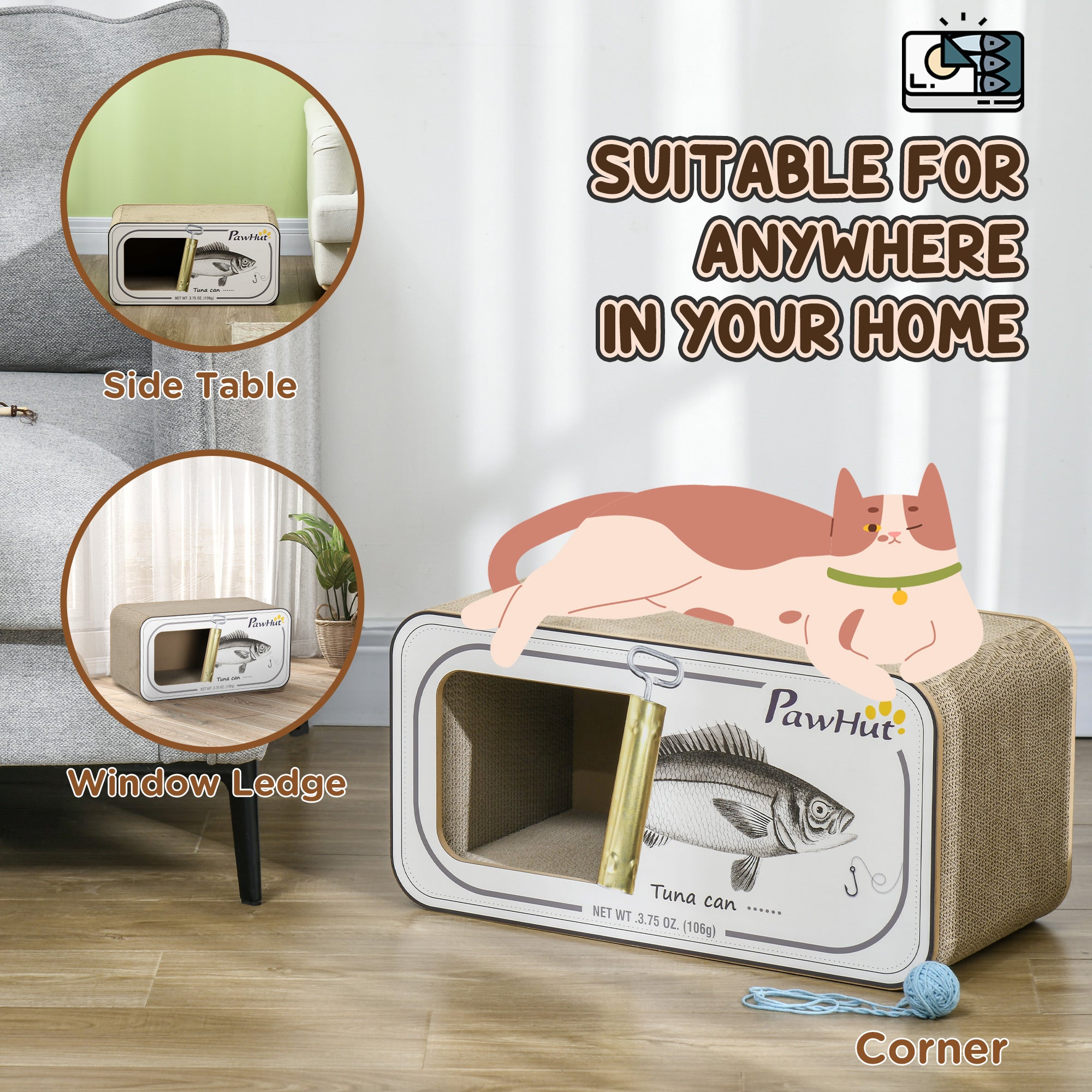 Cat Scratching Board, 2 in 1 Cat Scratcher Cardboard with Catnip, Canned Tuna Design Cat House for Indoor Kitty, Cream White