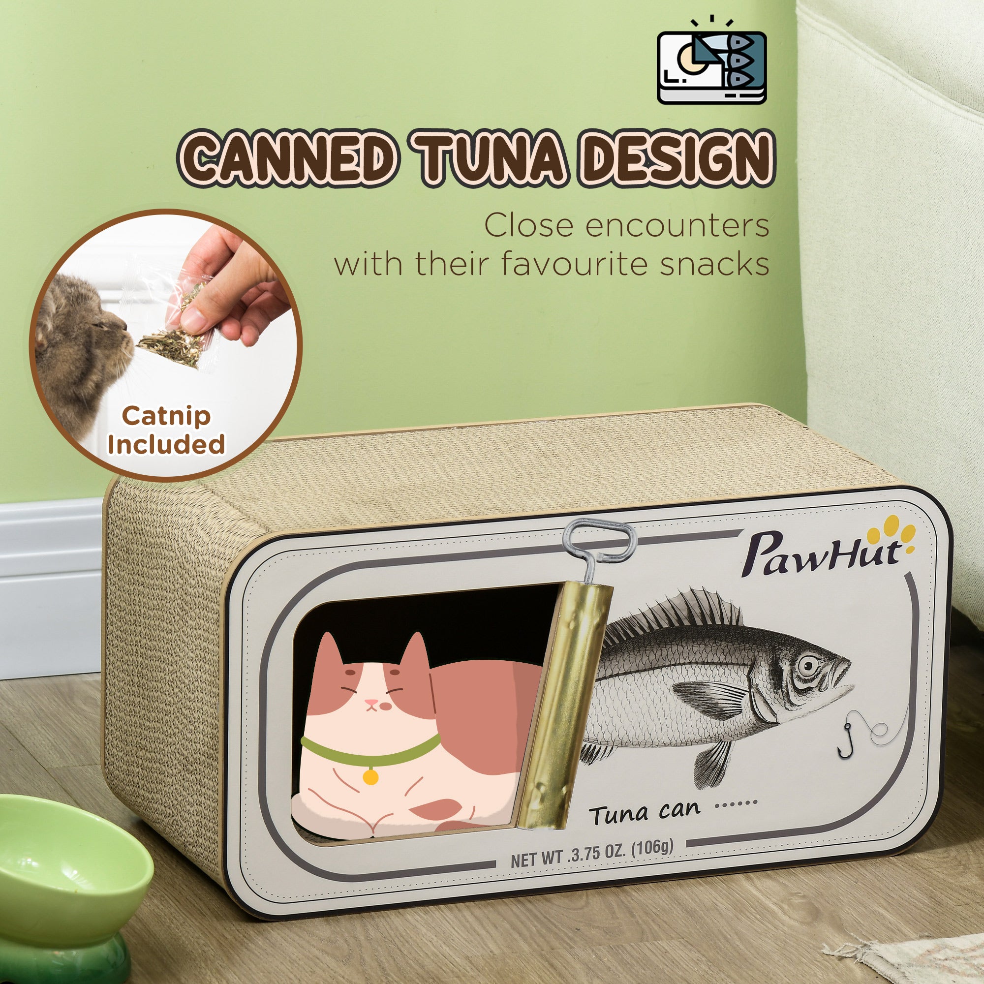 Cat Scratching Board, 2 in 1 Cat Scratcher Cardboard with Catnip, Canned Tuna Design Cat House for Indoor Kitty, Cream White