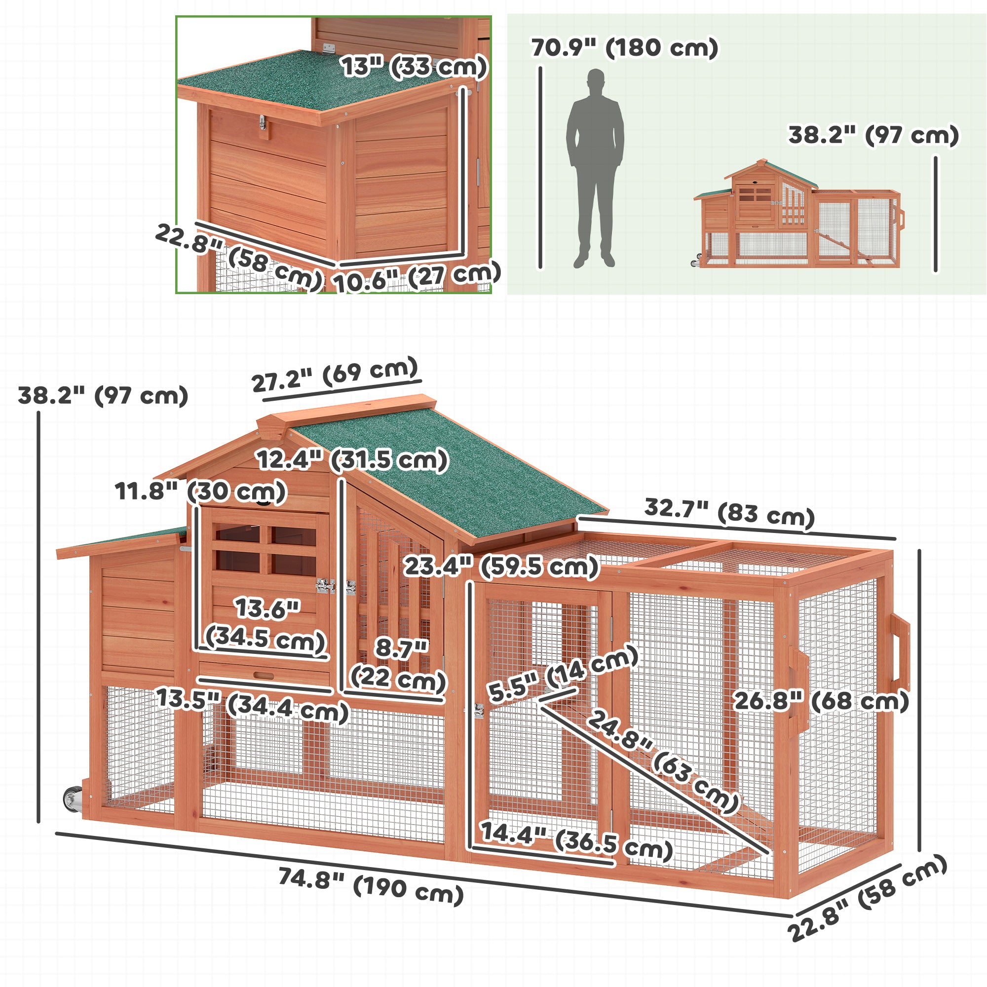 Chicken Coop with Run, Mobile Wooden Chicken House with Nesting Box, Roosting Bar, Ramp & Tray, Hen House Poultry Cage for 1-2 Hens, 74.8" L x 27.2" W x 38.2" H