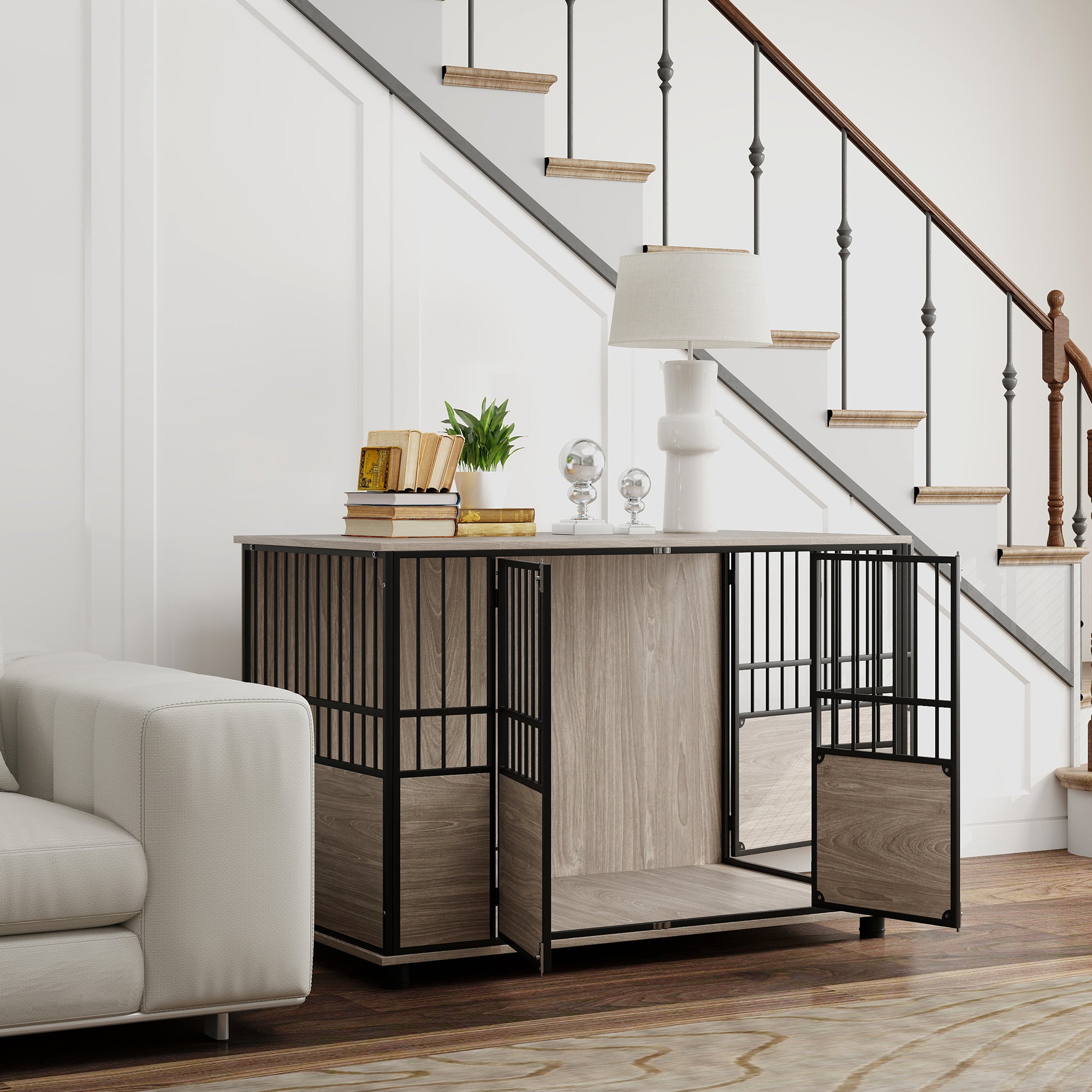 PawHut Dog Crate Furniture, Decorative Dog Kennel Indoor End Table with Double Doors, Multi-Purpose Pet Crate for Small to Large Dogs up to 88 lbs. , 46" , Walnut Wood Finish