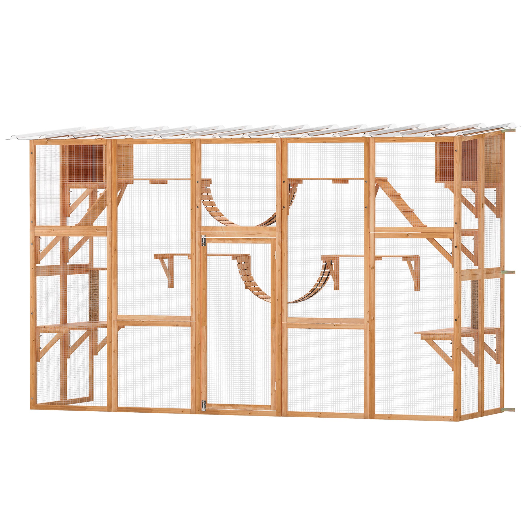 Catio Outdoor Cat Enclosure Window, Outdoor Cat House with Weather Protection Roof for 1-4 Kitties, Wooden Frame, Shelves & Bridges, 118" x 37.5" x 74", Orange