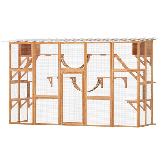 Catio Outdoor Cat Enclosure Window, Outdoor Cat House with Weather Protection Roof for 1-4 Kitties, Wooden Frame, Shelves & Bridges, 118" x 37.5" x 74", Orange