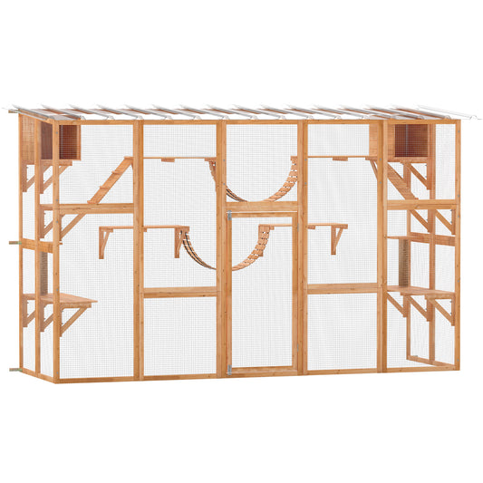 Catio Outdoor Cat Enclosure Window, Outdoor Cat House with Weather Protection Roof for 1-4 Kitties, Wooden Frame, Shelves & Bridges, 118" x 37.5" x 74", Orange