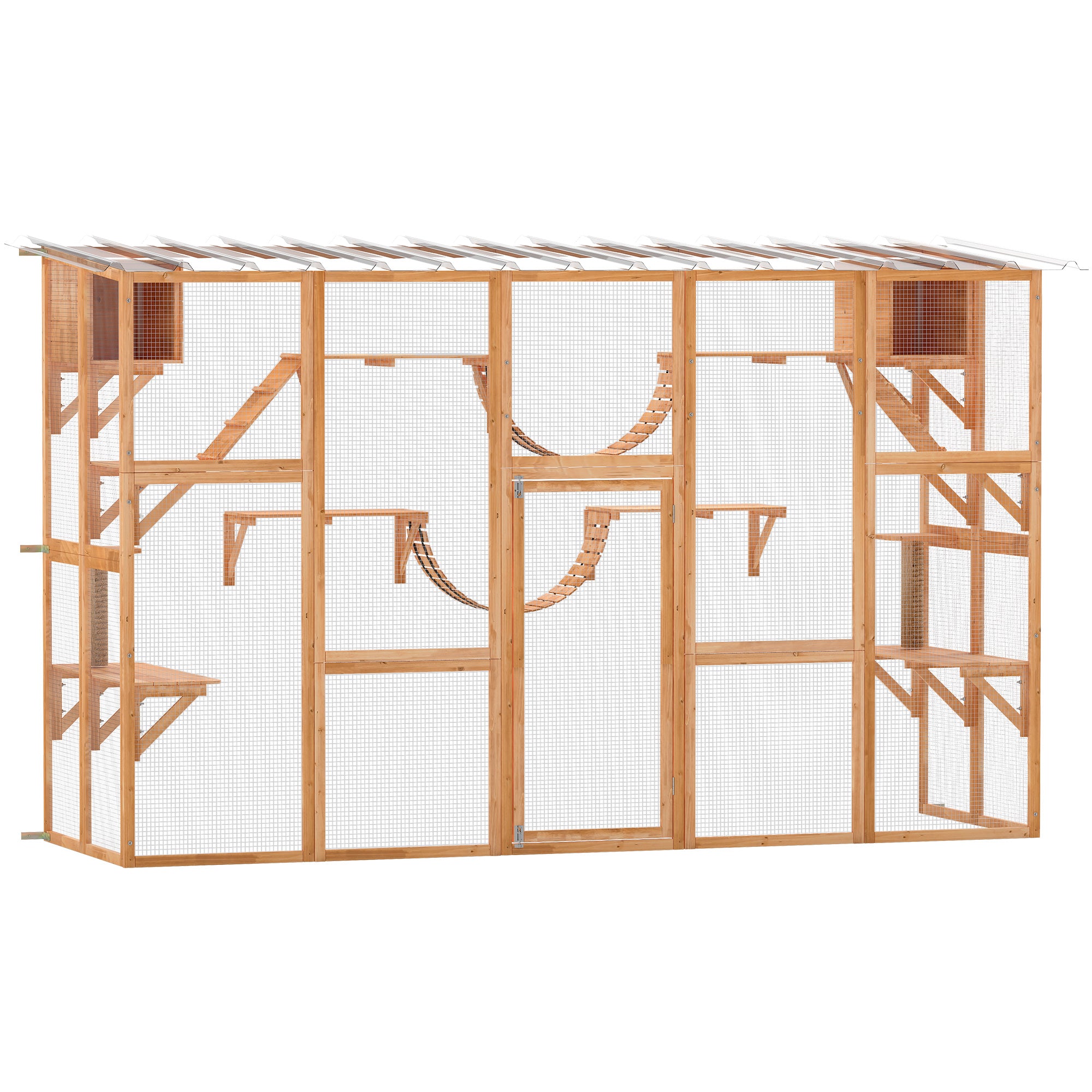 Catio Outdoor Cat Enclosure Window, Outdoor Cat House with Weather Protection Roof for 1-4 Kitties, Wooden Frame, Shelves & Bridges, 118" x 37.5" x 74", Orange