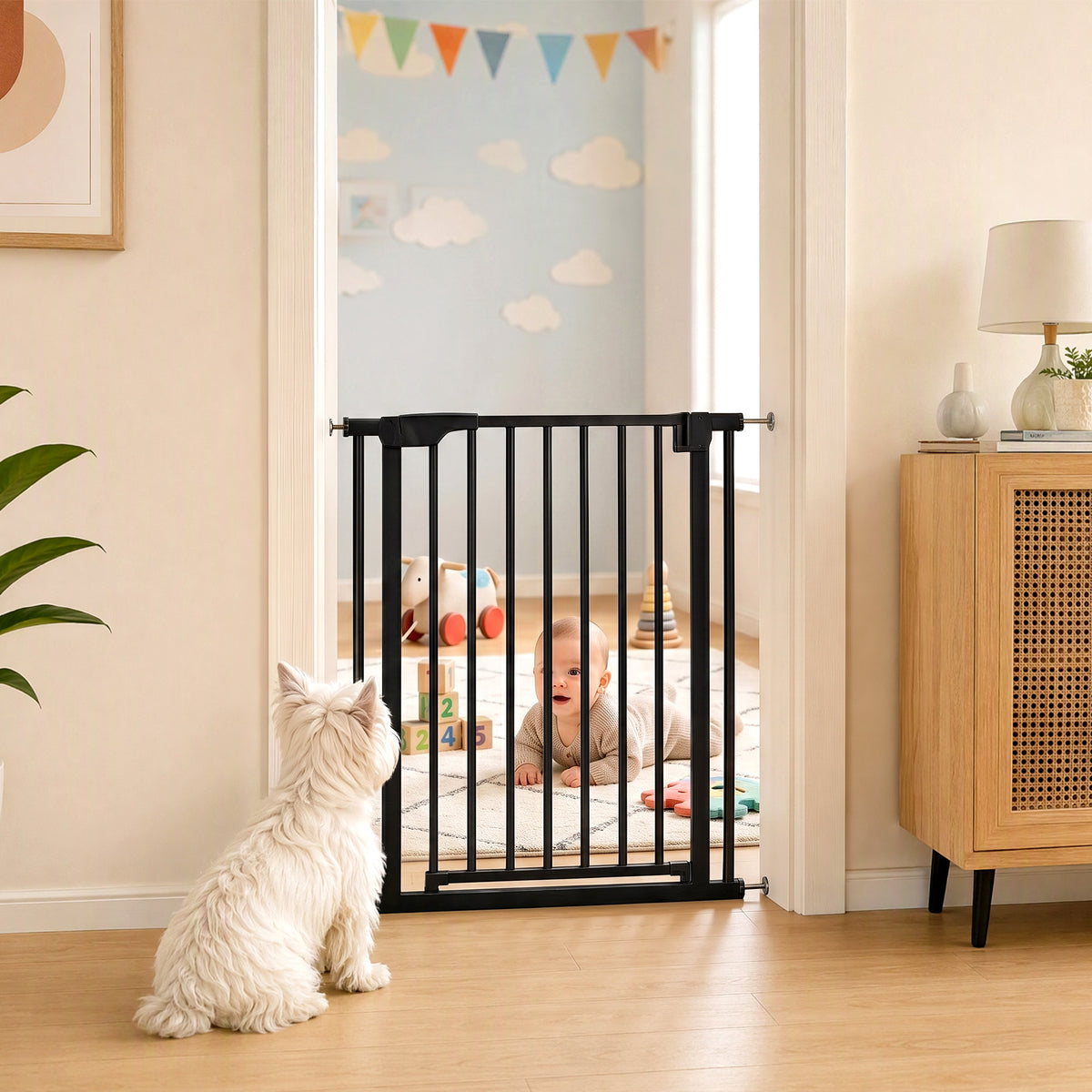 30"-32" Baby Gate, 36"H Pet Gate with Auto-Close, Two-Way Open, Pressure Mounted for Stairs, Doorways and Hallways, Black