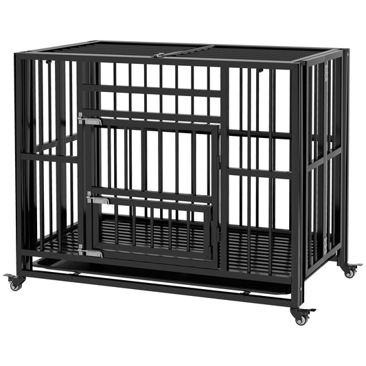 37" Heavy Duty Dog Crate, Foldable Dog Cage on Wheels with Double Locks, Removable Tray, Openable Top, Double Doors, Indoor Outdoor Use, for Small and Medium Dogs - Black