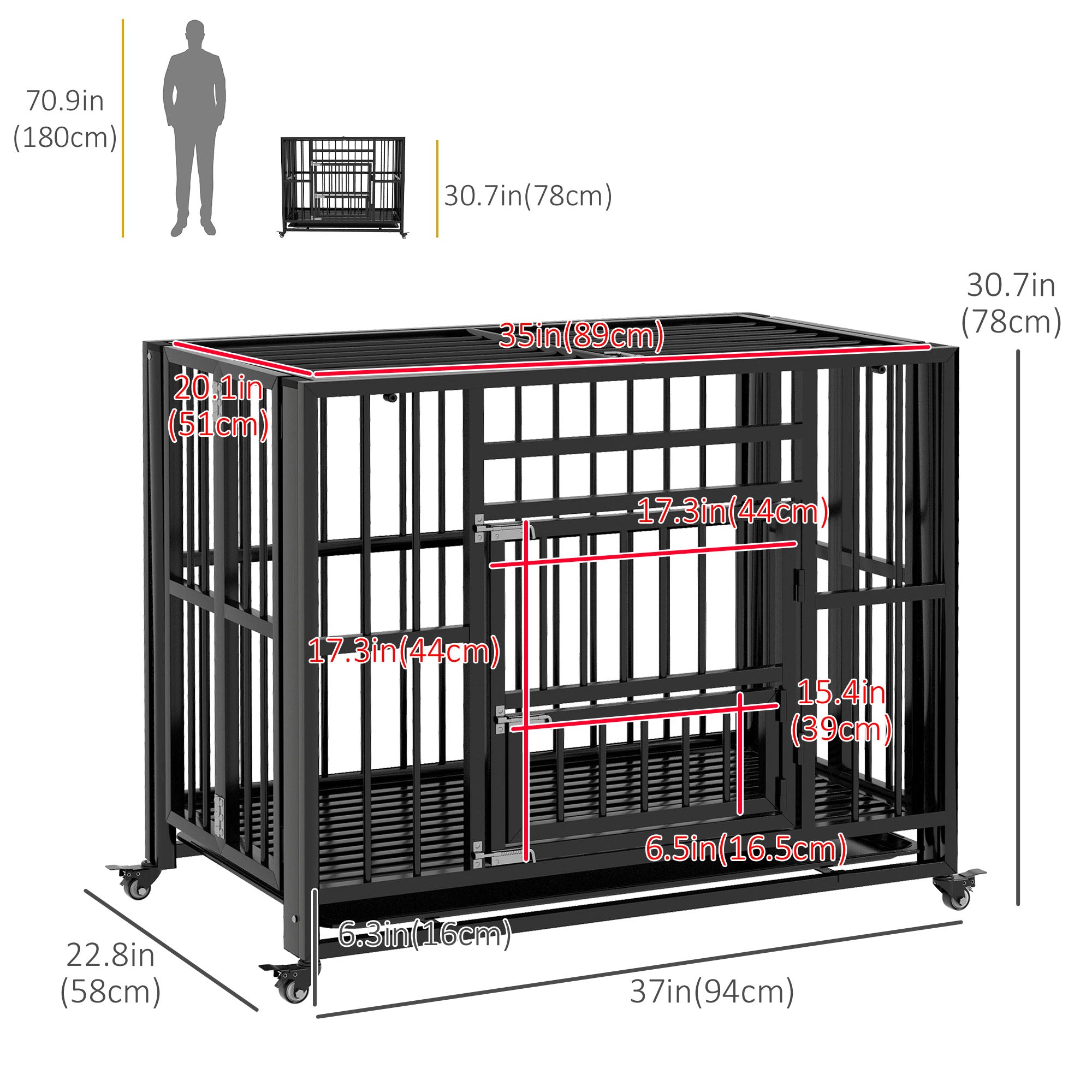 37" Heavy Duty Dog Crate, Foldable Dog Cage on Wheels with Double Locks, Removable Tray, Openable Top, Double Doors, Indoor Outdoor Use, for Small and Medium Dogs - Black