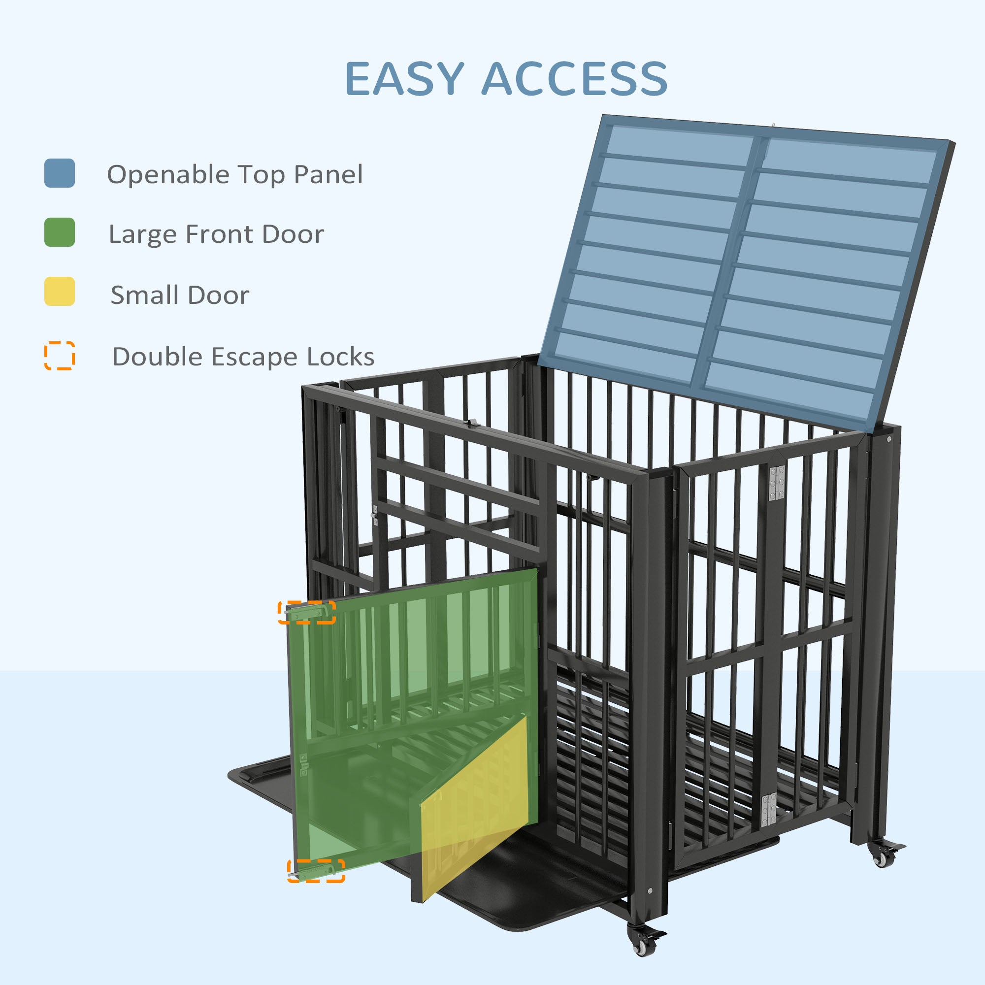 37" Heavy Duty Dog Crate, Foldable Dog Cage on Wheels with Double Locks, Removable Tray, Openable Top, Double Doors, Indoor Outdoor Use, for Small and Medium Dogs - Black