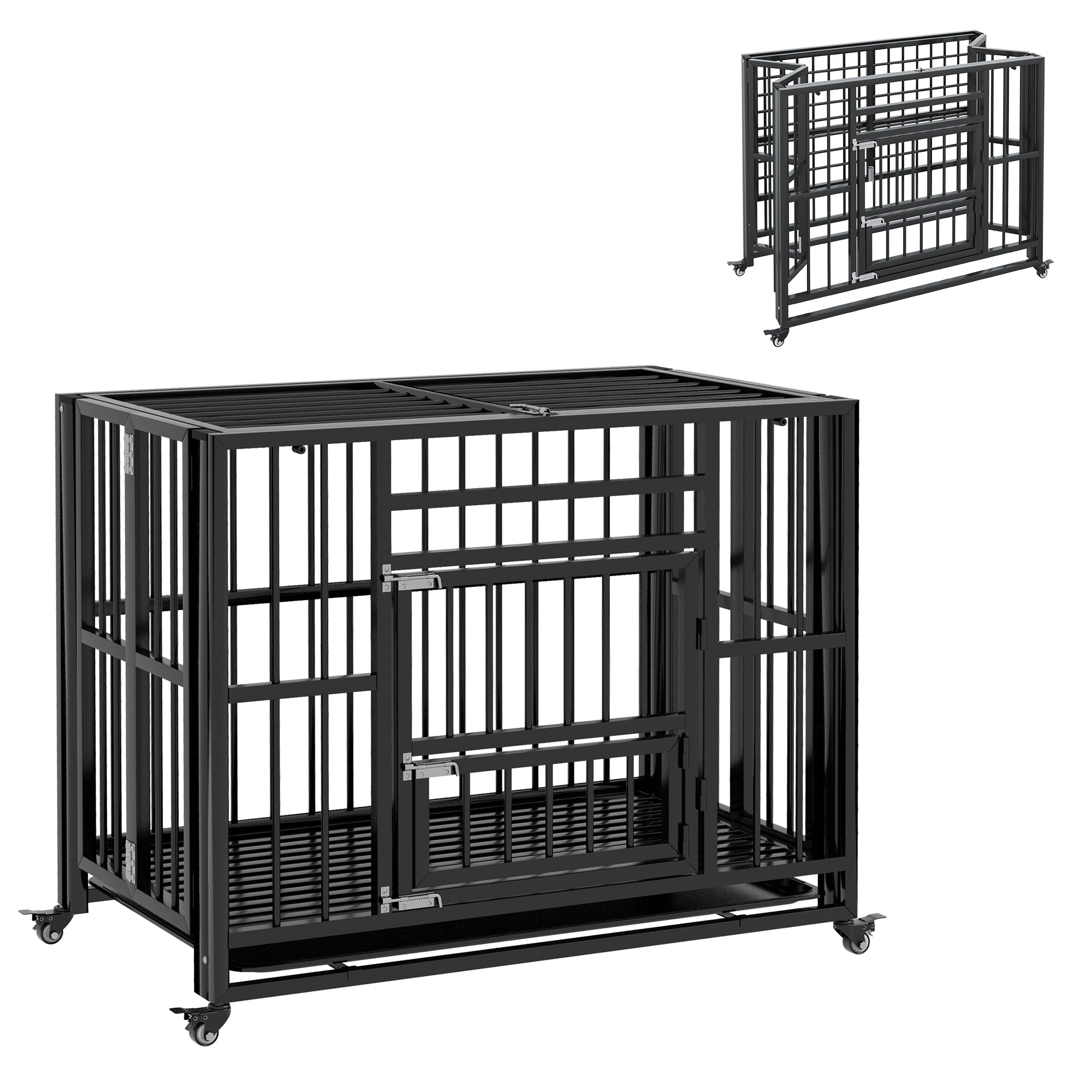37" Heavy Duty Dog Crate, Foldable Dog Cage on Wheels with Double Locks, Removable Tray, Openable Top, Double Doors, Indoor Outdoor Use, for Small and Medium Dogs - Black