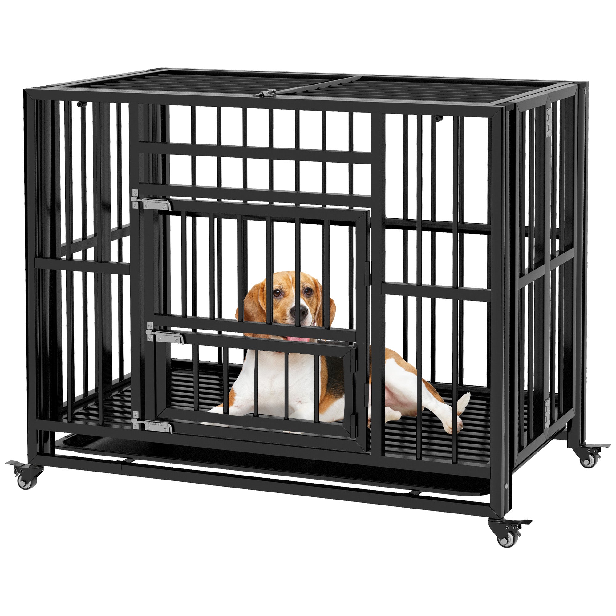 37" Heavy Duty Dog Crate, Foldable Dog Cage on Wheels with Double Locks, Removable Tray, Openable Top, Double Doors, Indoor Outdoor Use, for Small and Medium Dogs - Black
