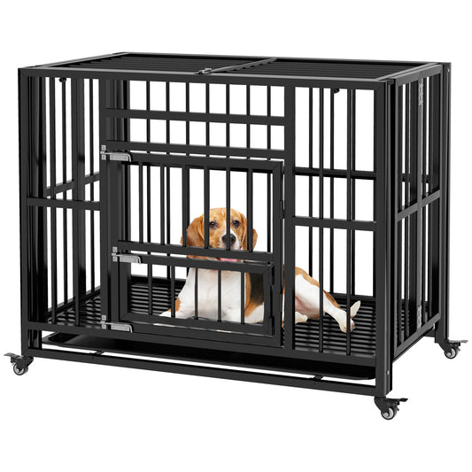 37" Heavy Duty Dog Crate, Foldable Dog Cage on Wheels with Double Locks, Removable Tray, Openable Top, Double Doors, Indoor Outdoor Use, for Small and Medium Dogs - Black