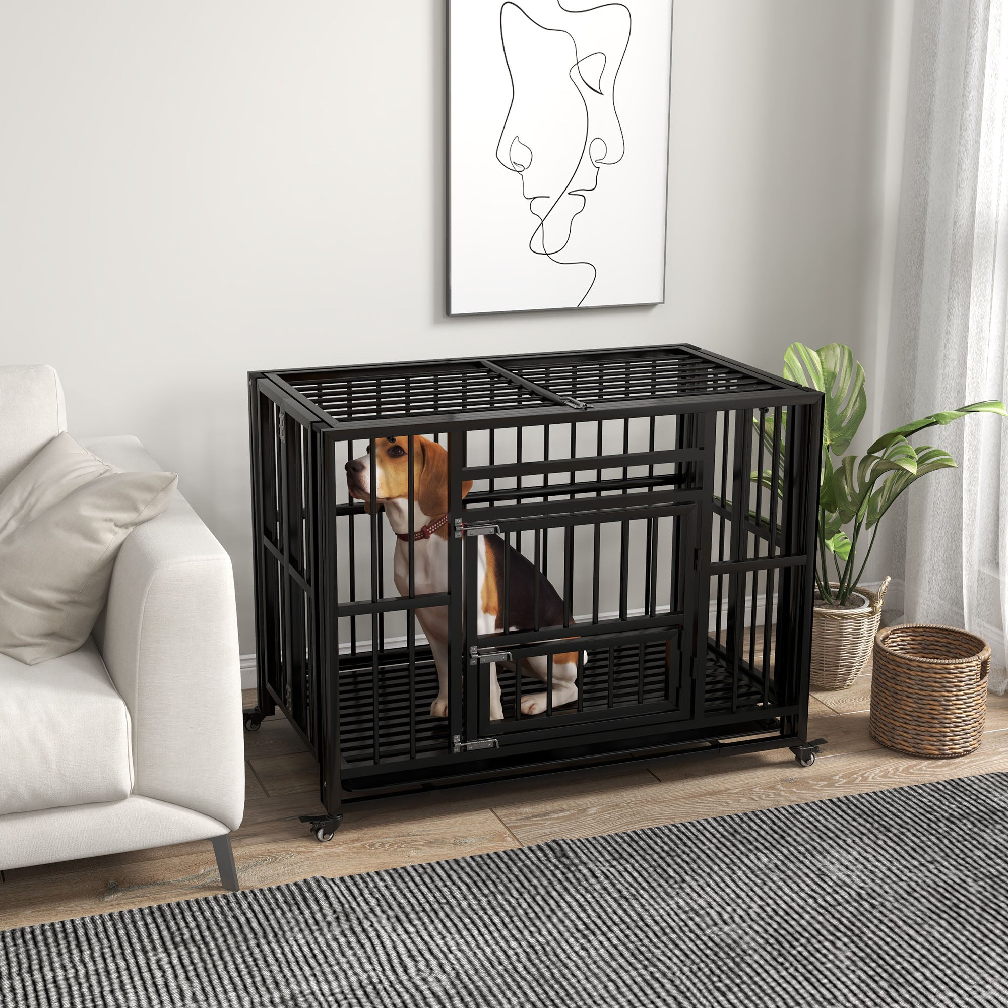 37" Heavy Duty Dog Crate, Foldable Dog Cage on Wheels with Double Locks, Removable Tray, Openable Top, Double Doors, Indoor Outdoor Use, for Small and Medium Dogs - Black