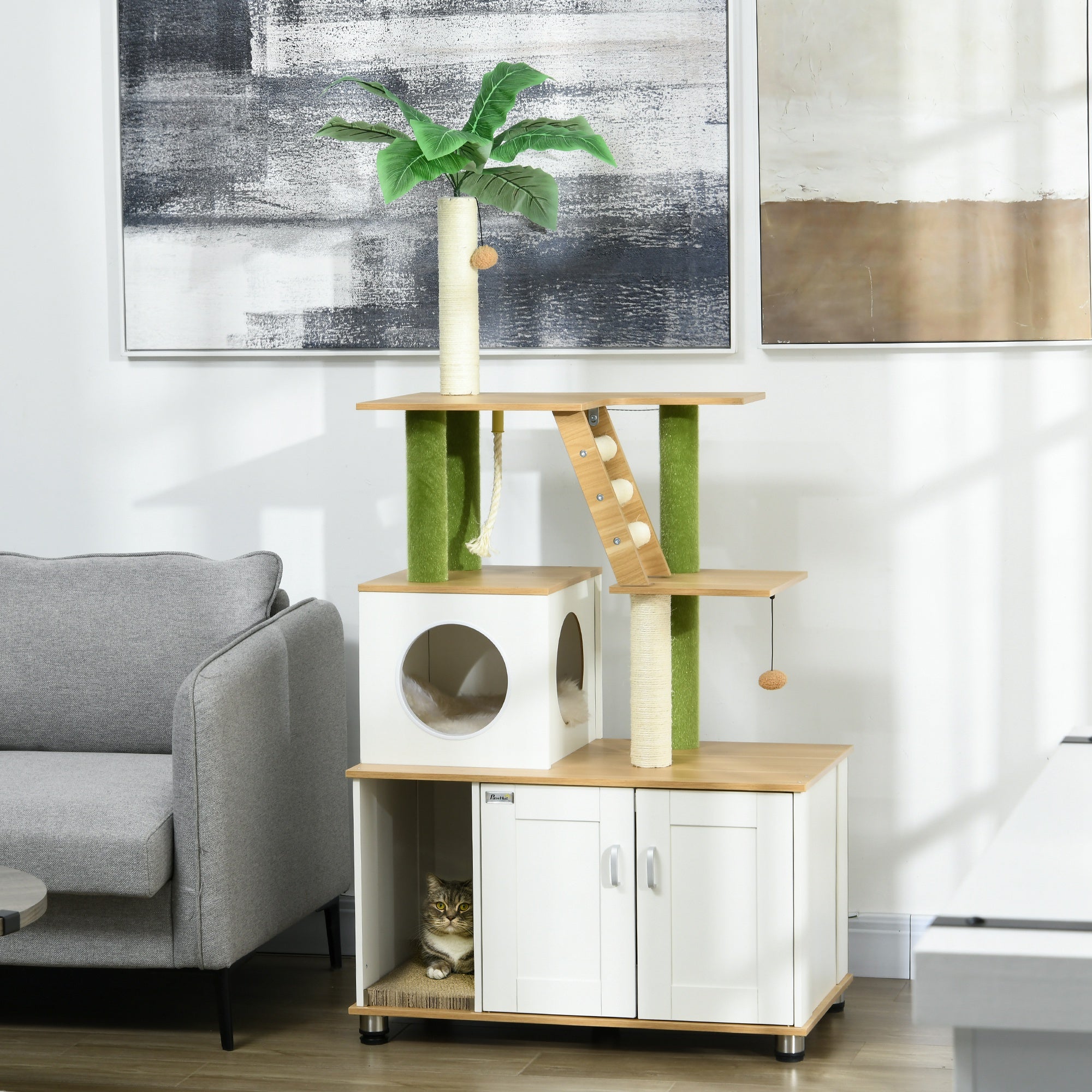 palm tree cat litter box PawHut 2-in-1 Cat Tower: Hidden Litter Box & Fun Activities for Cats
