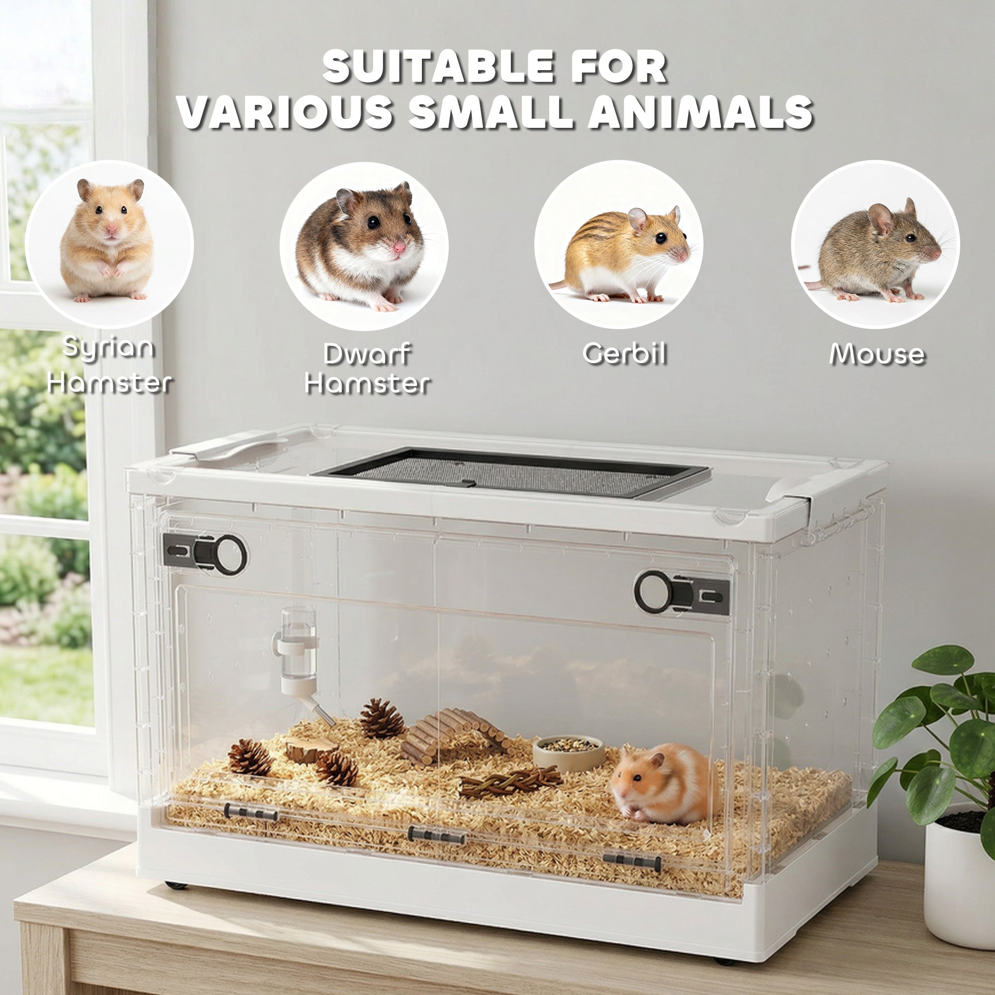 Hamster Cage, Stackable Small Animal Cage with Front Door, Ventilated Gebril Habitat for Dwarf Hamsters, Gerbils, Mice, 22" x 13" x 12", White