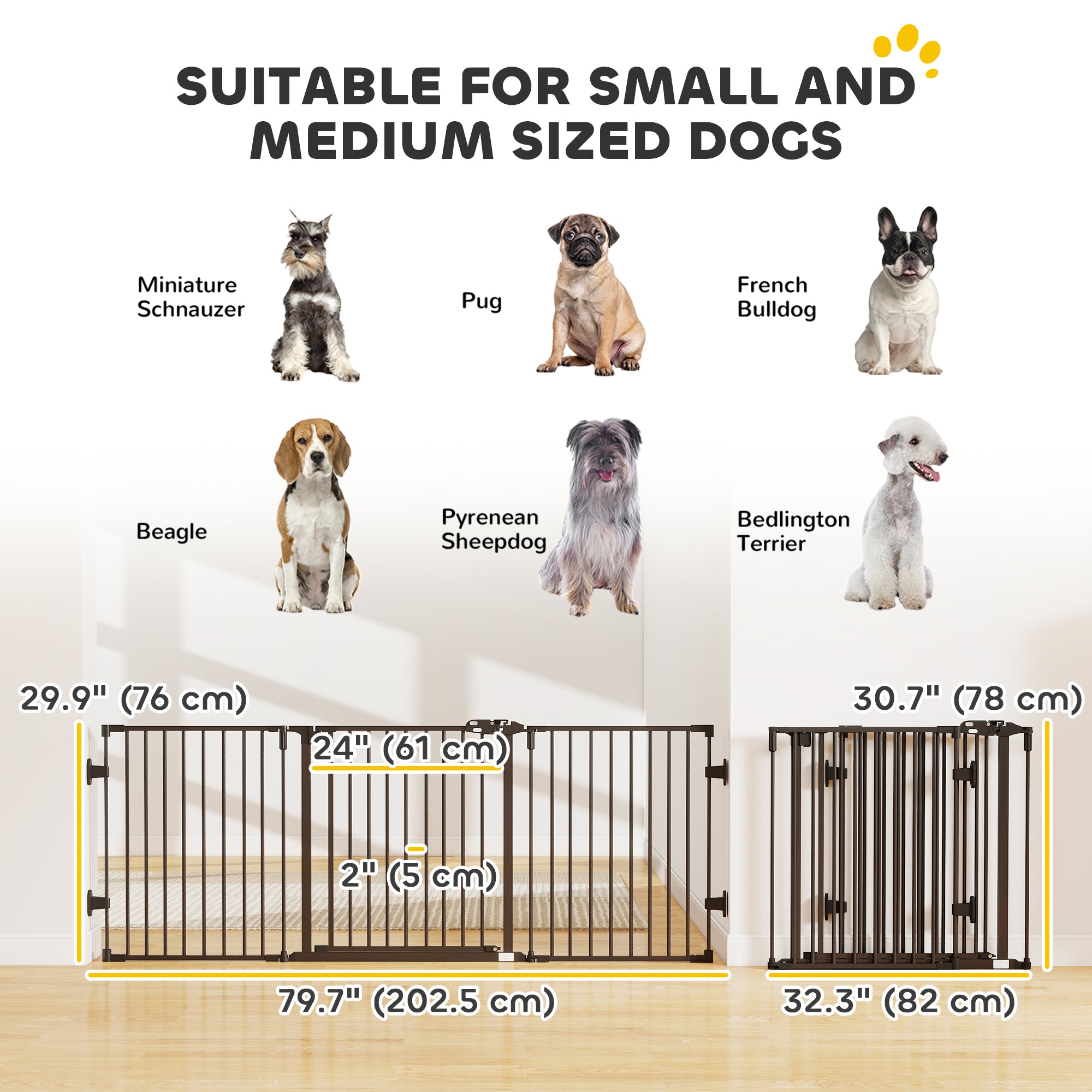 Foldable Dog Gate with Door, 3 Panel Metal Pet Gate for Stairs, Doorways, Hallways and Fireplace, Auto-Close Safety Gate, 202.5 x 76 cm, Black