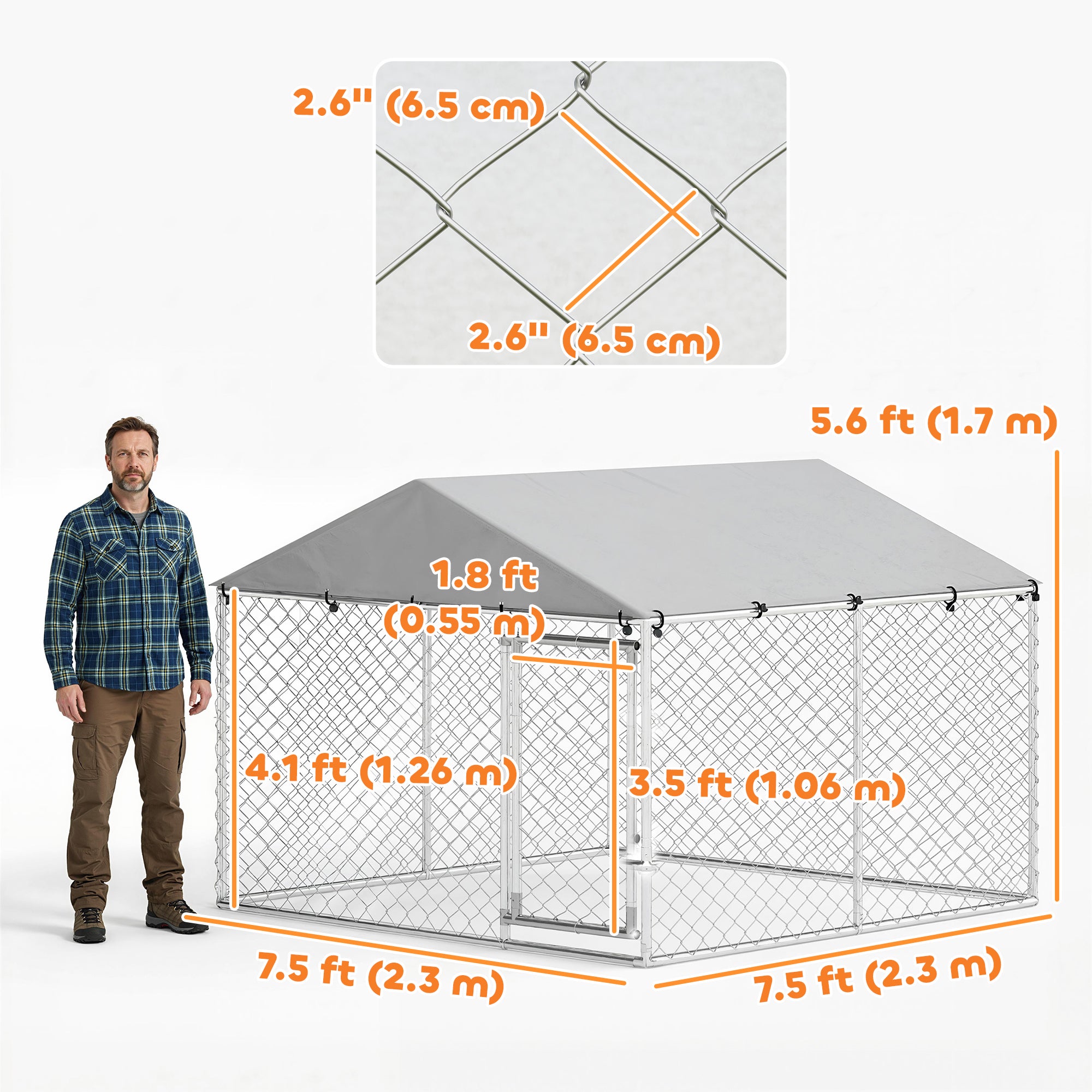 Outdoor Dog Kennel Dog Run with Waterproof, UV Resistant Cover, Dual Lock and Flexible Door for Small and Medium Sized Dogs, Chickens, Ducks, 7.5' x 7.5' x 5.6', Silver
