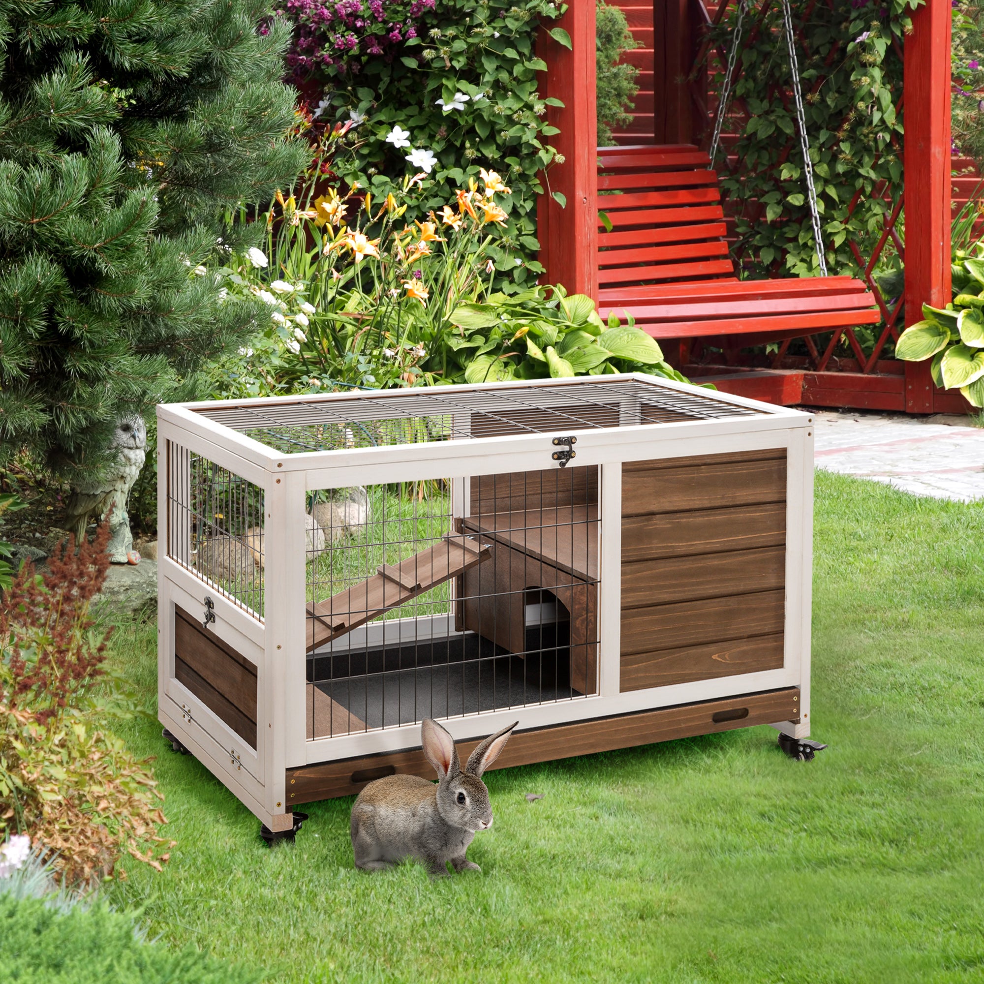 PawHut Wooden Rabbit Hutch Indoor Outdoor, Elevated Bunny Cage with No Leak Tray Enclosed Run with Wheels, Ideal for Guinea Pigs and Small Animals, Brown