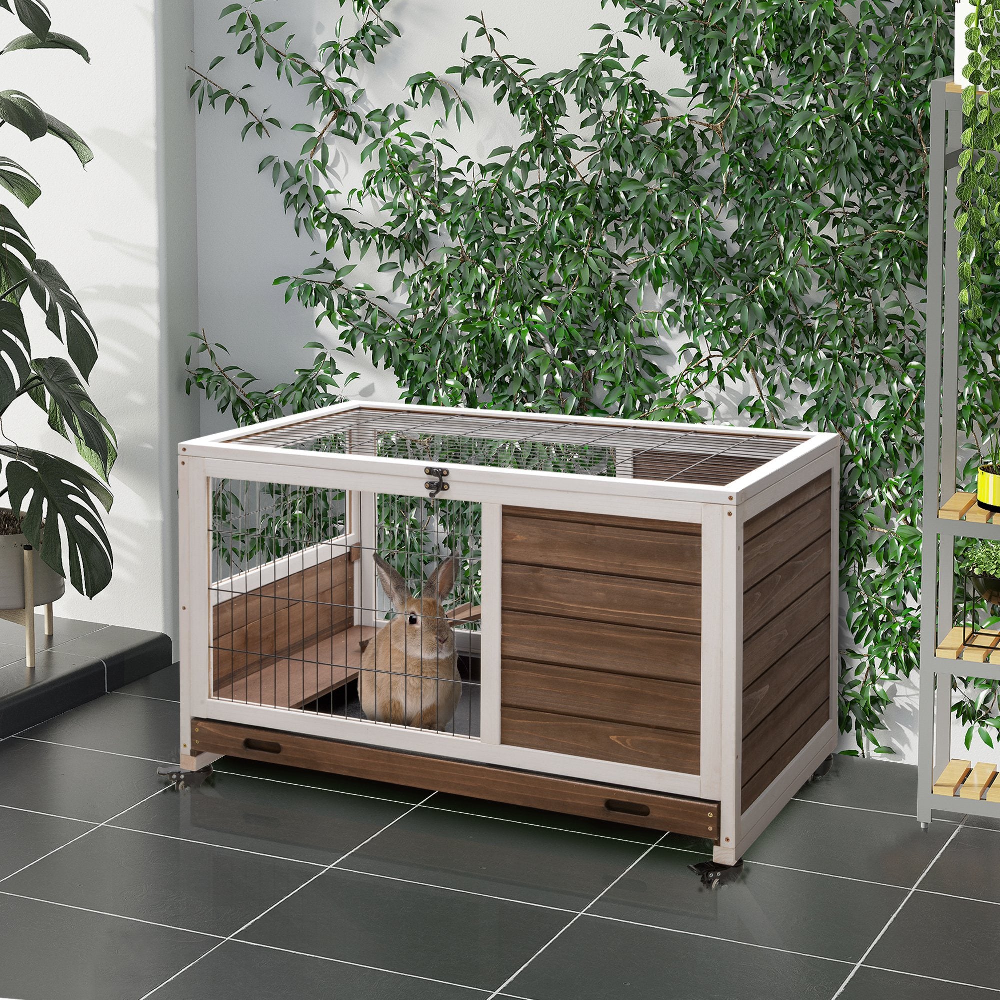 PawHut Wooden Rabbit Hutch Indoor Outdoor, Elevated Bunny Cage with No Leak Tray Enclosed Run with Wheels, Ideal for Guinea Pigs and Small Animals, Brown