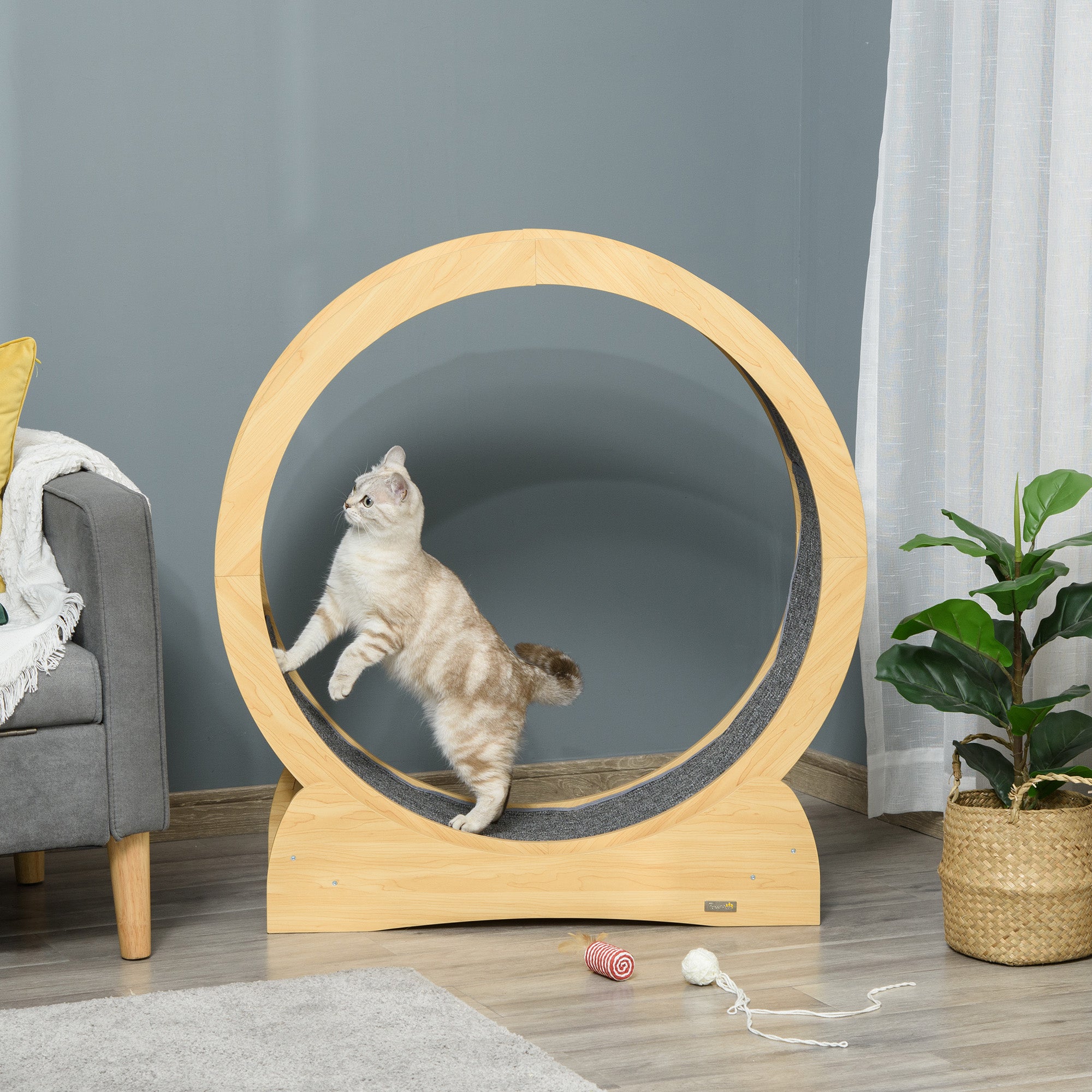 Cat Treadmill, Cat Exercise Wheel, 30 inch Kitten Running Wheel with Brake, Carpeted Runway for Exercise - Natural Wood Finish