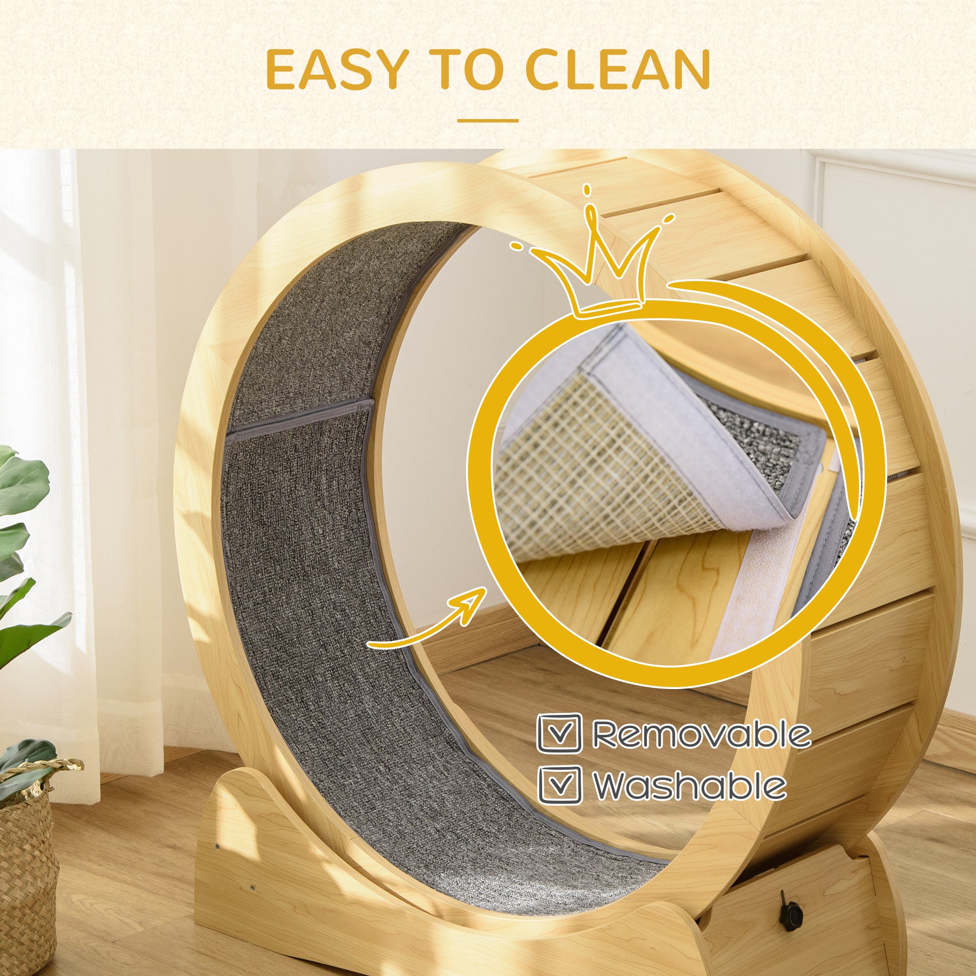 Cat Treadmill, Cat Exercise Wheel, 30 inch Kitten Running Wheel with Brake, Carpeted Runway for Exercise - Natural Wood Finish