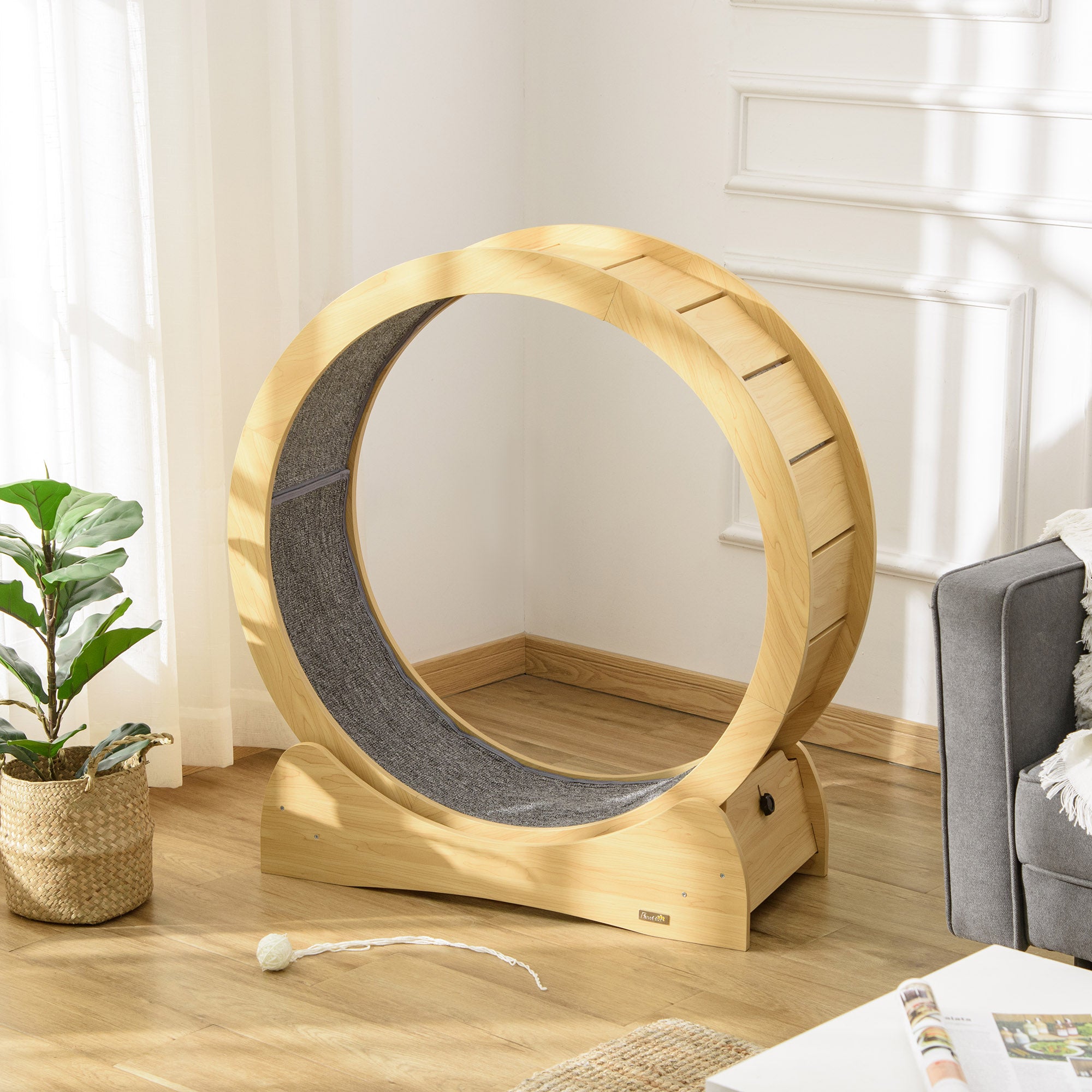 Cat Treadmill, Cat Exercise Wheel, 30 inch Kitten Running Wheel with Brake, Carpeted Runway for Exercise - Natural Wood Finish