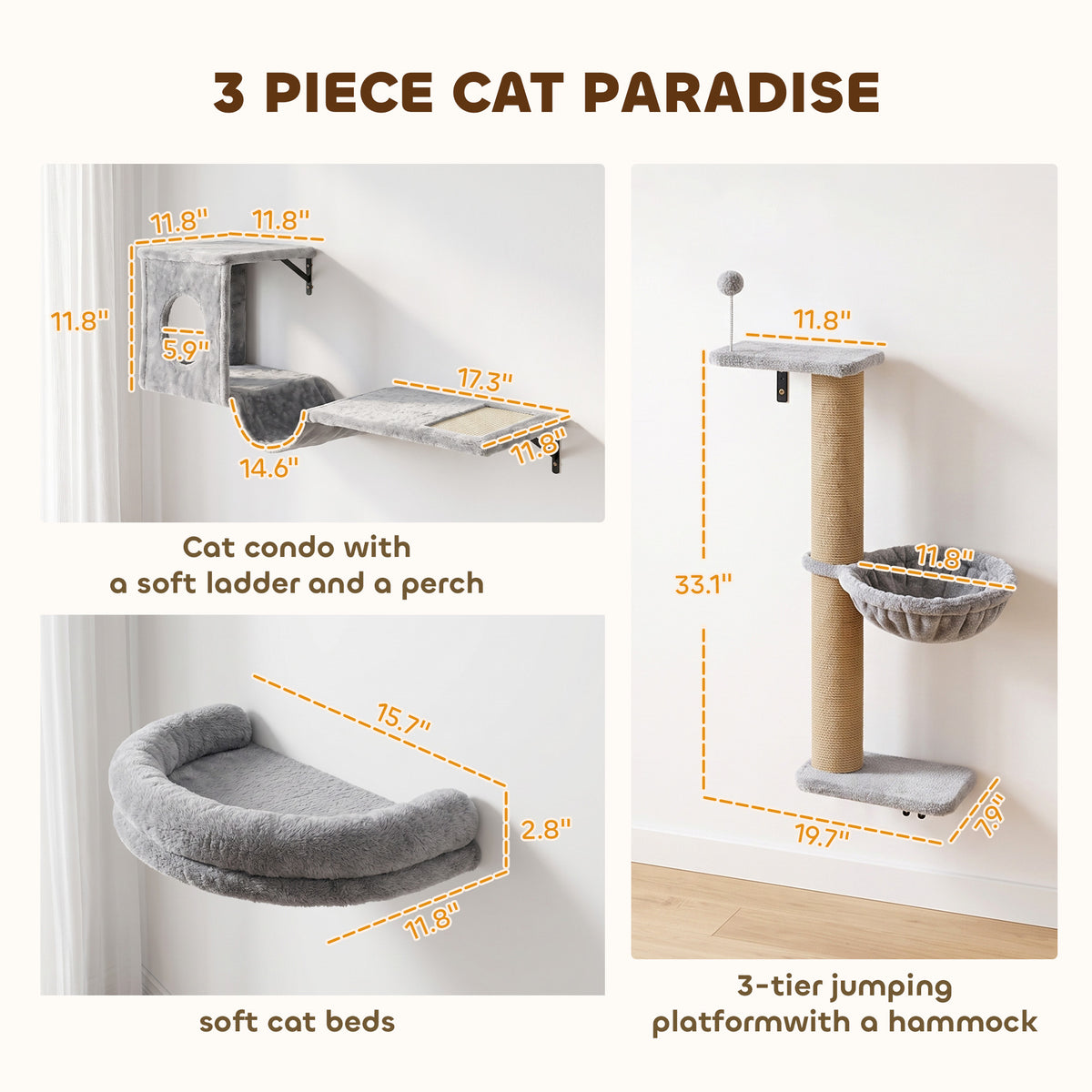 3-In-1 Cat Wall Shelves, Wooden Cat Climbing Furniture with Condo, Bed, Hammock, Scratching Post and Spring Ball, Space-Saving Wall Mounted Kitty Shelves for Indoor Kittens, Gray