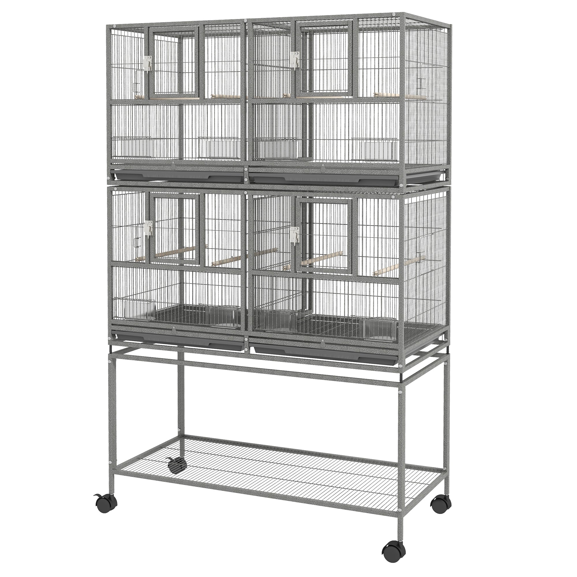 61"H Divided Breeder Bird Cage with Rolling Stand Removable Metal Tray, Storage Shelf, Wood Perch, and Food Container, Dark Grey