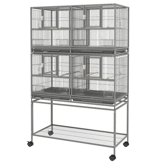 61"H Divided Breeder Bird Cage with Rolling Stand Removable Metal Tray, Storage Shelf, Wood Perch, and Food Container, Dark Grey