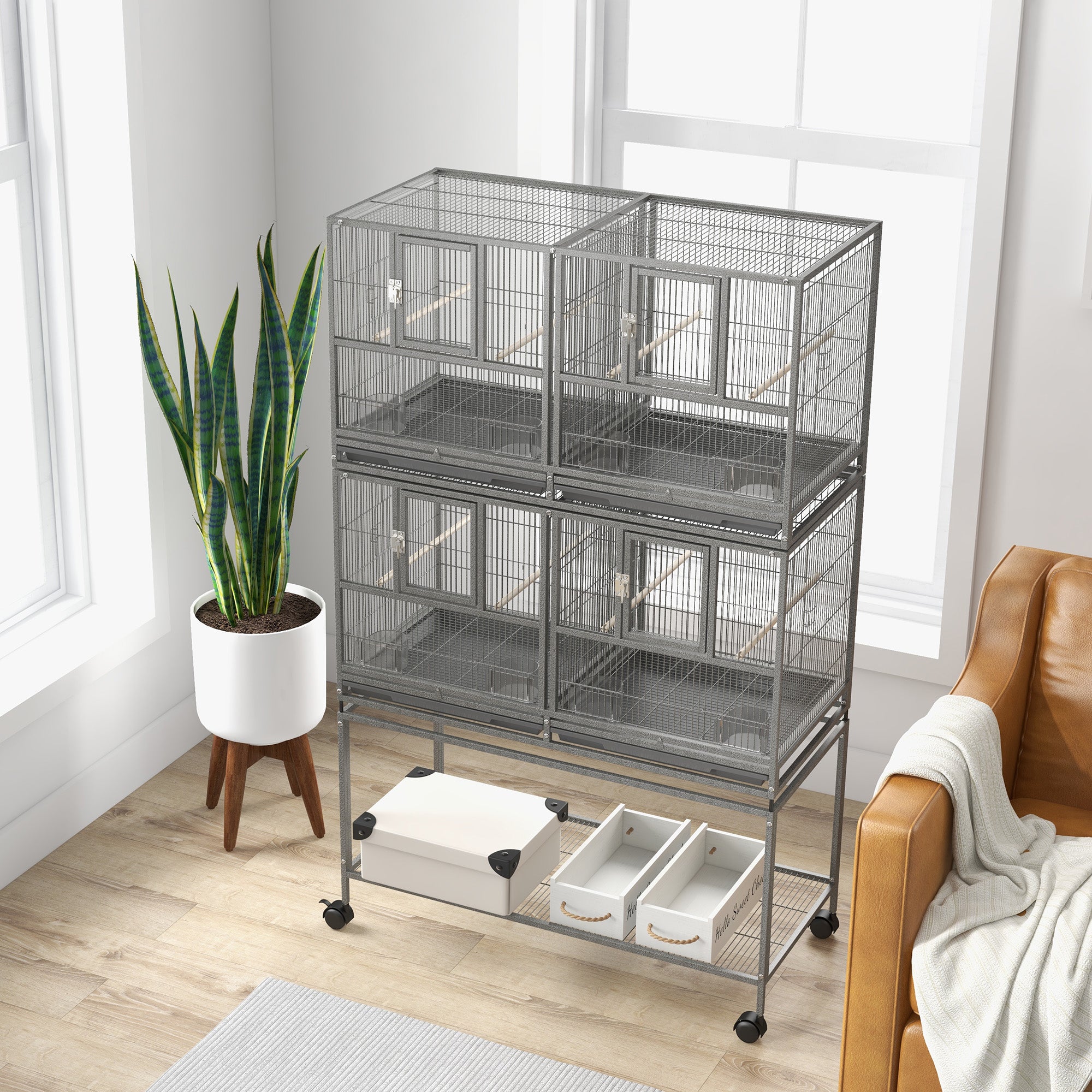 61"H Divided Breeder Bird Cage with Rolling Stand Removable Metal Tray, Storage Shelf, Wood Perch, and Food Container, Dark Grey