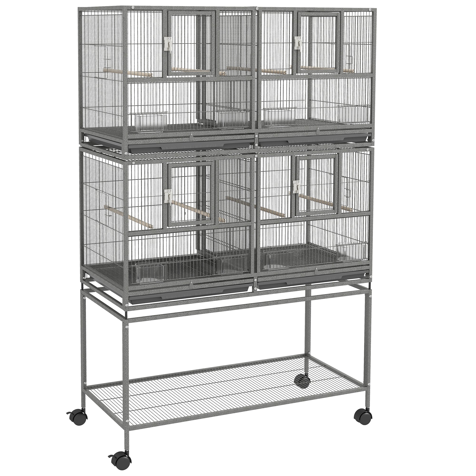 61"H Divided Breeder Bird Cage with Rolling Stand Removable Metal Tray, Storage Shelf, Wood Perch, and Food Container, Dark Grey