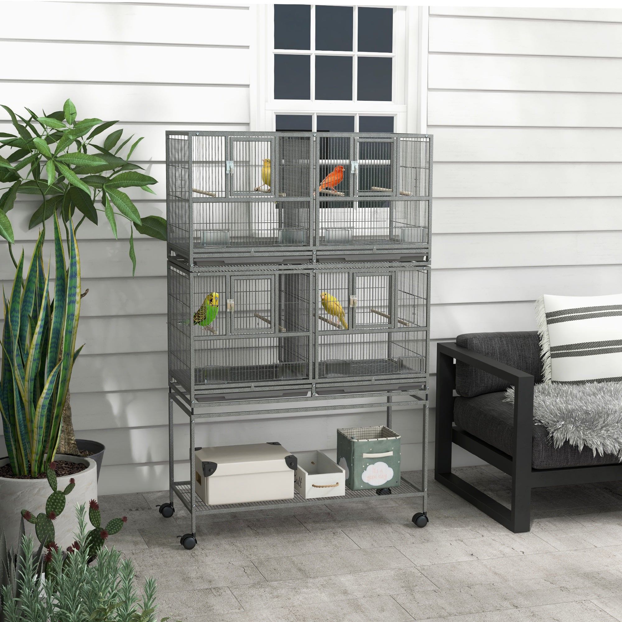 61"H Divided Breeder Bird Cage with Rolling Stand Removable Metal Tray, Storage Shelf, Wood Perch, and Food Container, Dark Grey
