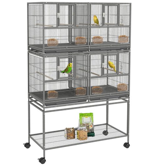 61"H Divided Breeder Bird Cage with Rolling Stand Removable Metal Tray, Storage Shelf, Wood Perch, and Food Container, Dark Grey