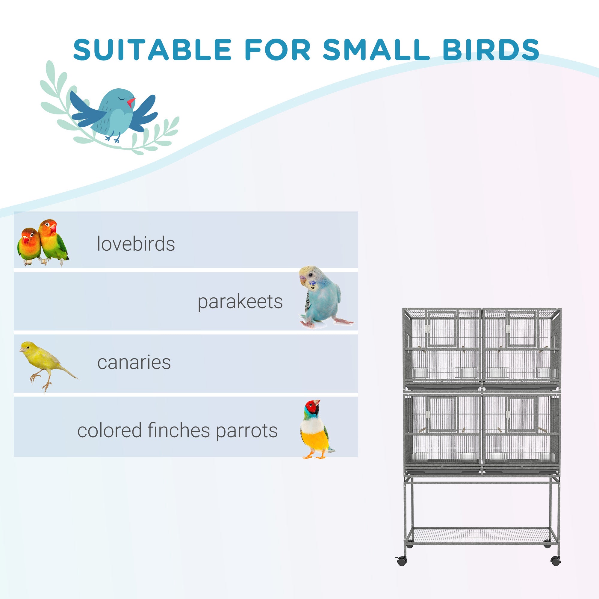 61"H Divided Breeder Bird Cage with Rolling Stand Removable Metal Tray, Storage Shelf, Wood Perch, and Food Container, Dark Grey
