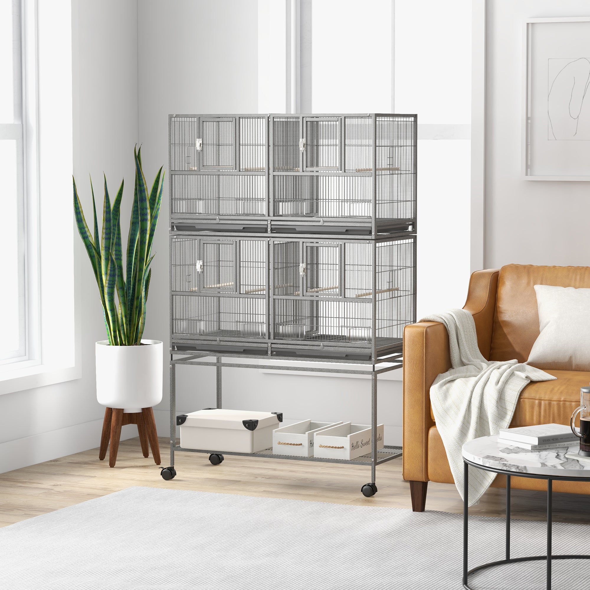 61"H Divided Breeder Bird Cage with Rolling Stand Removable Metal Tray, Storage Shelf, Wood Perch, and Food Container, Dark Grey