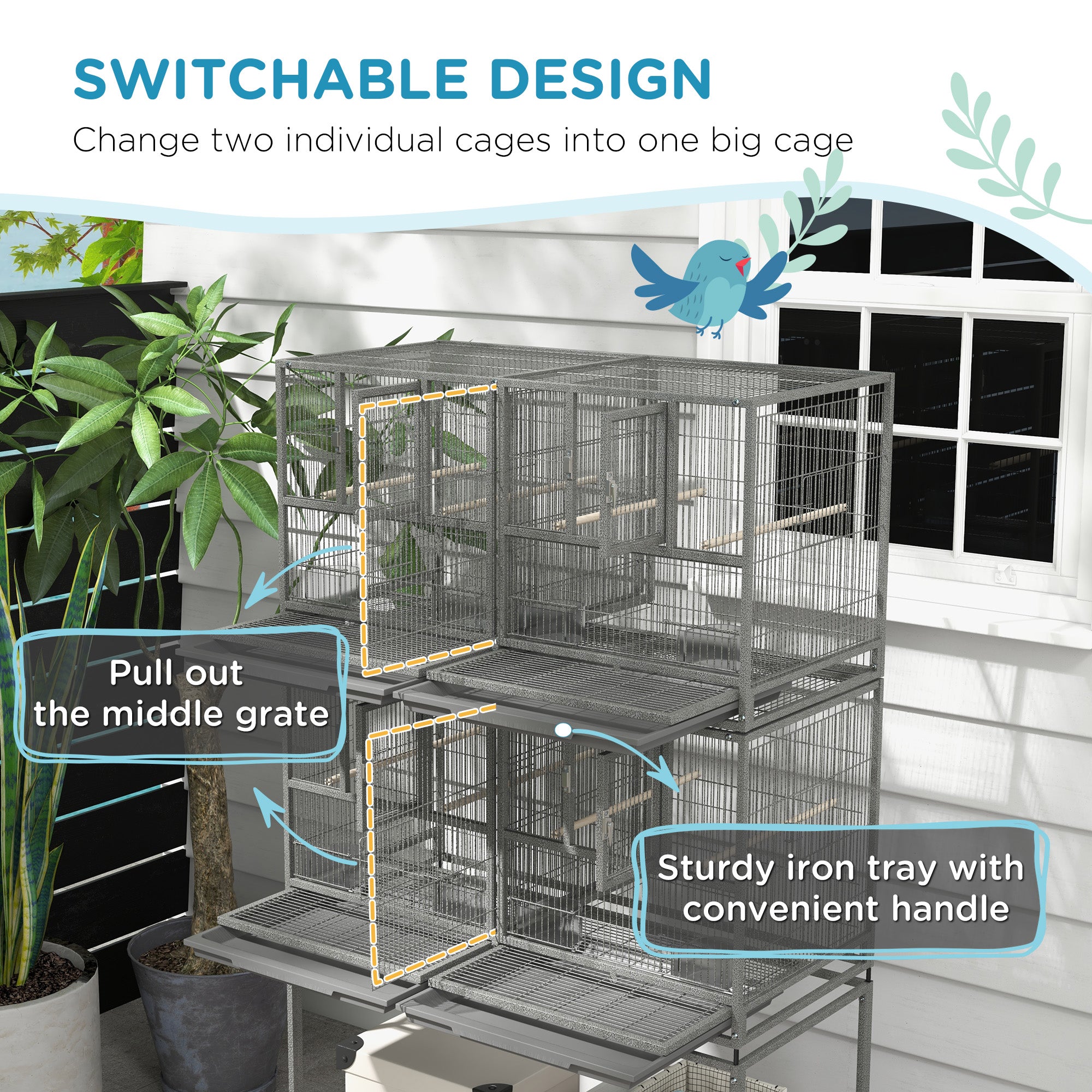 61"H Divided Breeder Bird Cage with Rolling Stand Removable Metal Tray, Storage Shelf, Wood Perch, and Food Container, Dark Grey