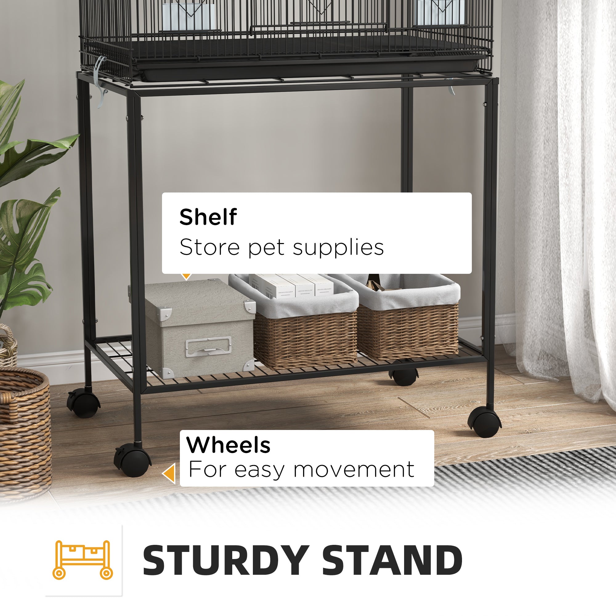 2 Tier Bird Cage, Budgie Cage with Stand, Swing, Rope, Ladder, Wheels, Shelf, Tray, Perches, Food Containers, for Canaries, Lovebirds, Finches