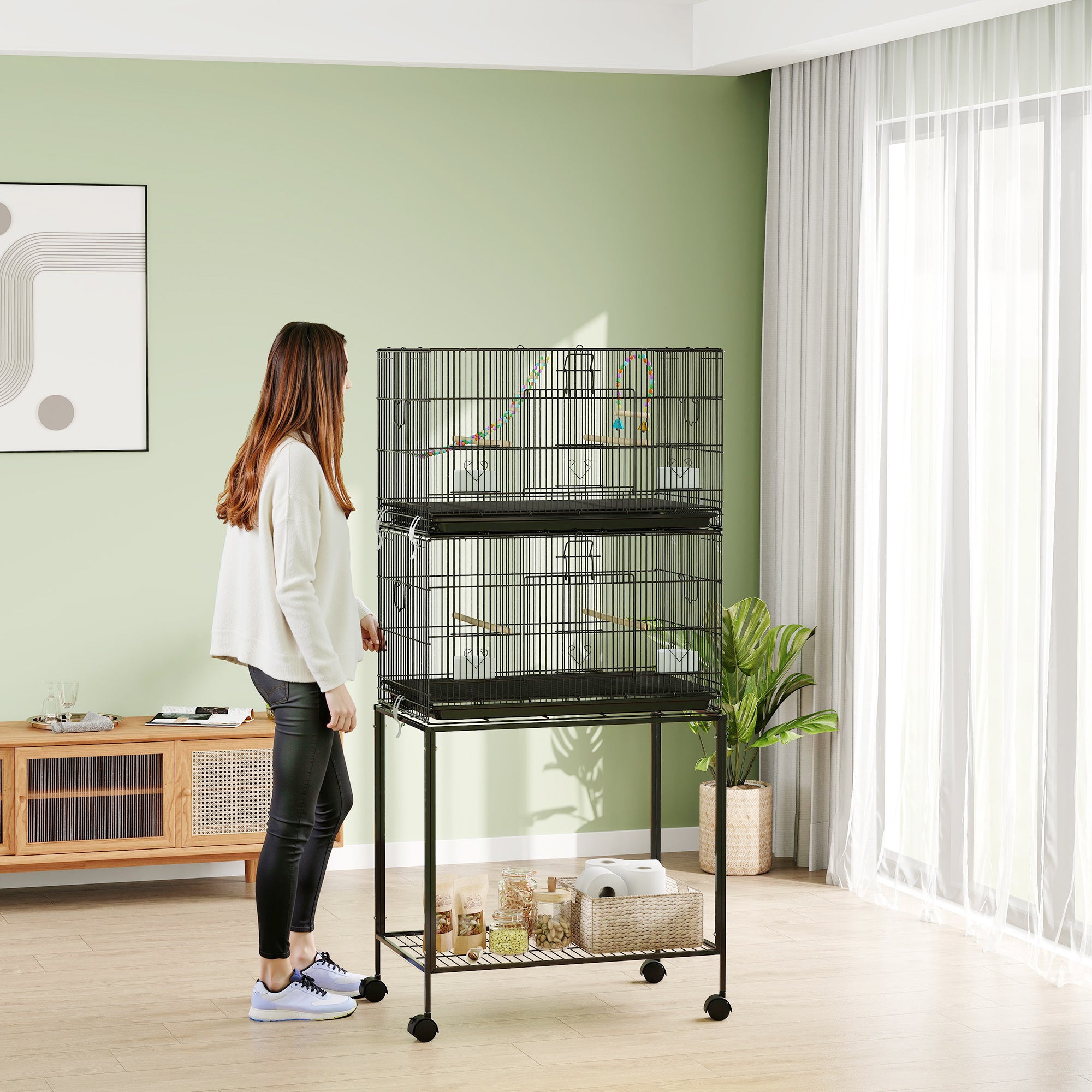 2 Tier Bird Cage, Budgie Cage with Stand, Swing, Rope, Ladder, Wheels, Shelf, Tray, Perches, Food Containers, for Canaries, Lovebirds, Finches