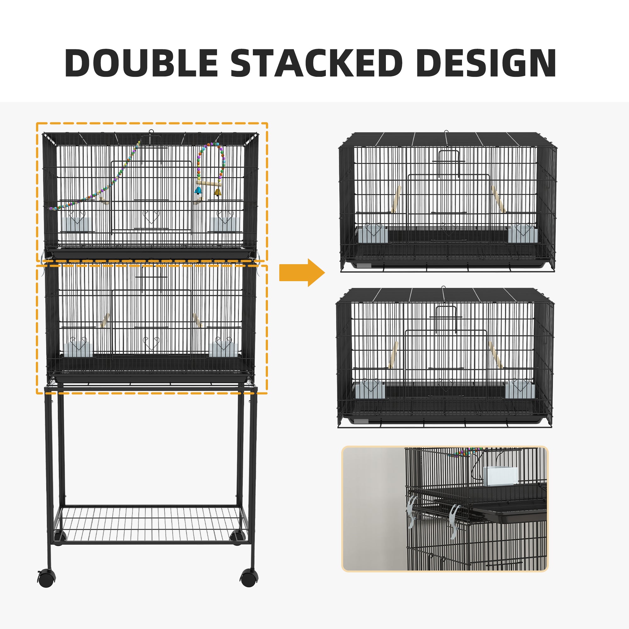 2 Tier Bird Cage, Budgie Cage with Stand, Swing, Rope, Ladder, Wheels, Shelf, Tray, Perches, Food Containers, for Canaries, Lovebirds, Finches