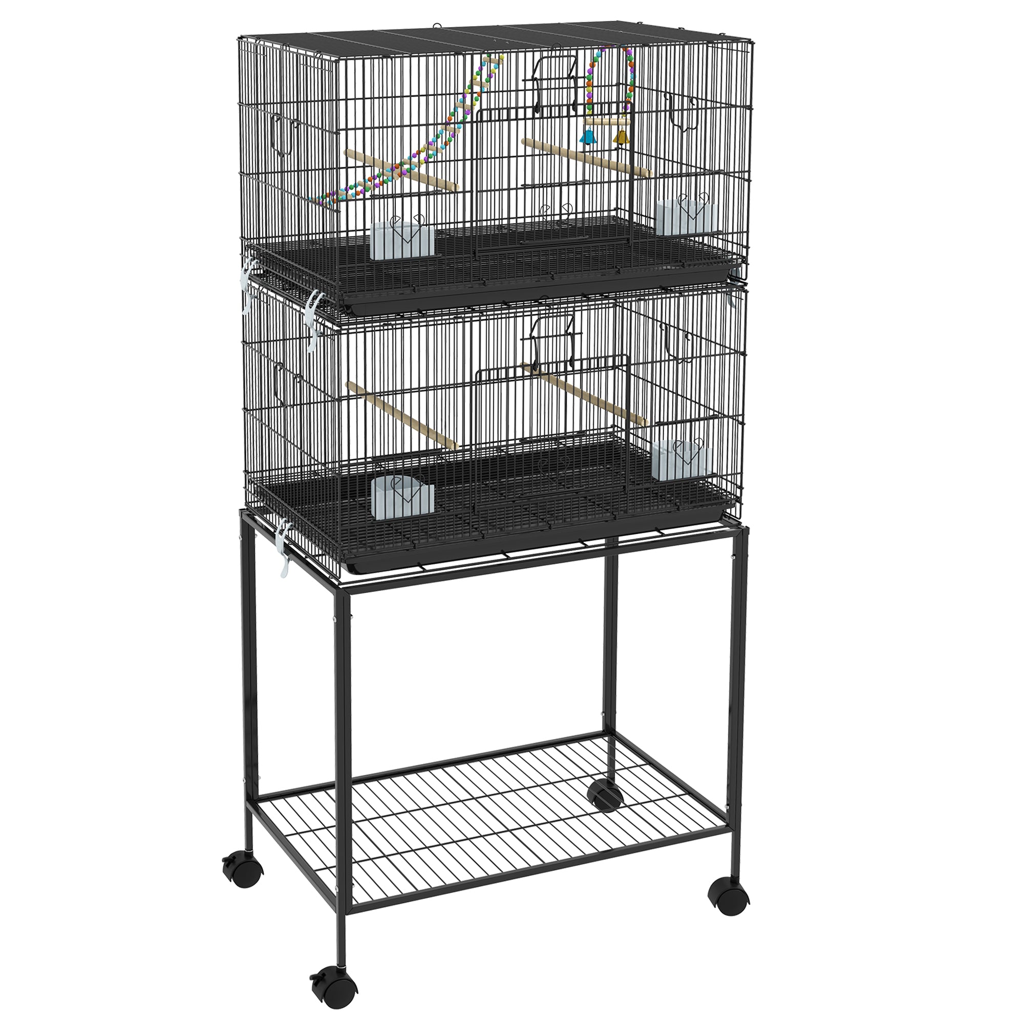 2 Tier Bird Cage, Budgie Cage with Stand, Swing, Rope, Ladder, Wheels, Shelf, Tray, Perches, Food Containers, for Canaries, Lovebirds, Finches