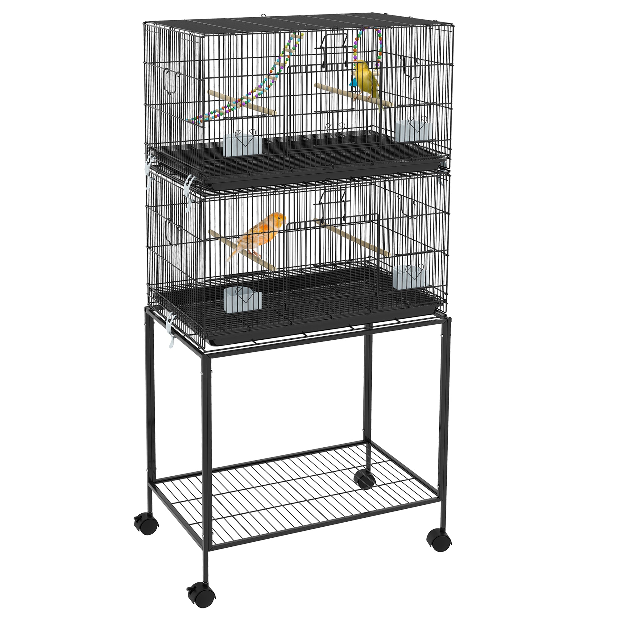 2 Tier Bird Cage, Budgie Cage with Stand, Swing, Rope, Ladder, Wheels, Shelf, Tray, Perches, Food Containers, for Canaries, Lovebirds, Finches