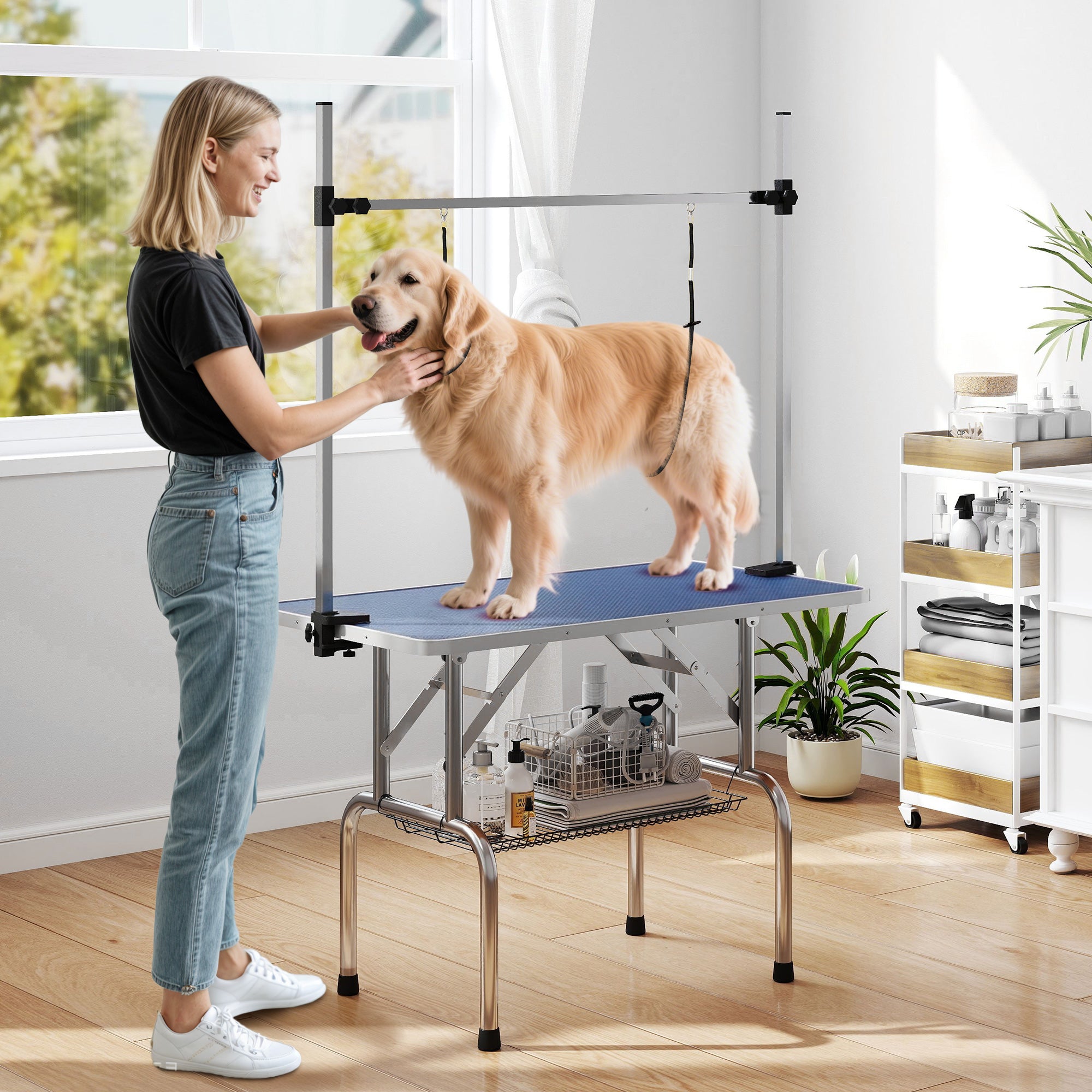 43"L Dog Grooming Table, Pet Foldable Grooming Table with 8"- 32" Adjustable Arm, Two Nooses, Mesh Tray and Rubber Top for Large Medium Small Pets, Blue