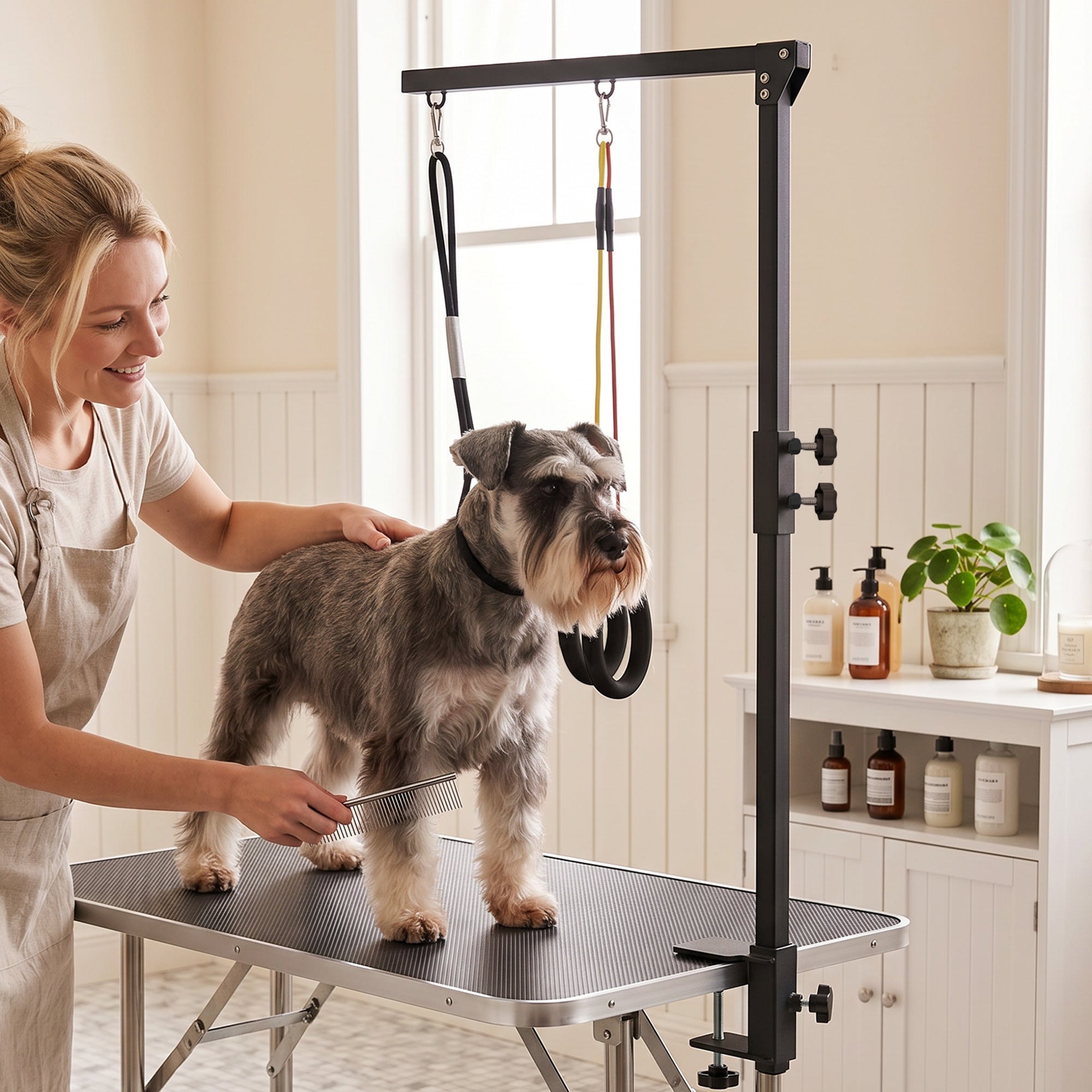 Dog Grooming Arm with Clamp, Adjustable Foldable Dog Grooming with 2 Loop Noose for Small and Medium Breeds, 18.9" -32.3", Black