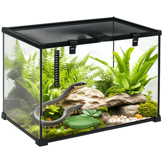 Glass Reptile Terrarium Insect Breeding Tank Vivarium Habitats with Thermometer for Lizards, Horned Frogs, Snakes, Spiders - Large 50 x 30 x 35cm