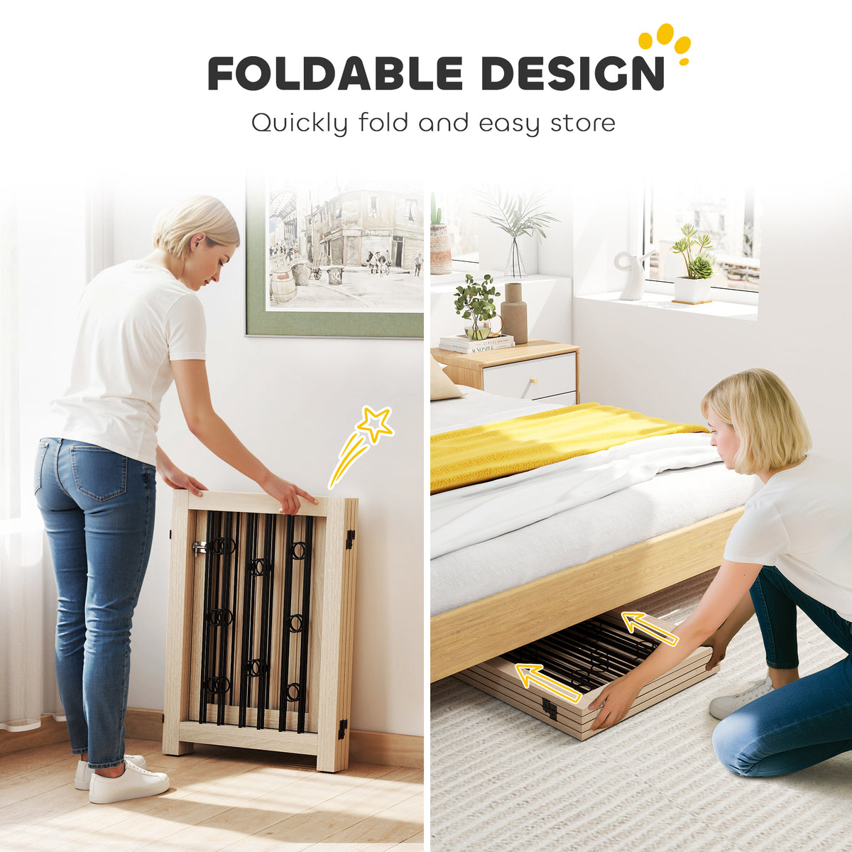 Freestanding Dog Gate, Wooden Foldable Pet Gate with 4 Panels, Walk-Through Door, Support Feet, Non-Slip Mats, Dog Safety Fence for Doorways, Stairs and Hallways, Oak
