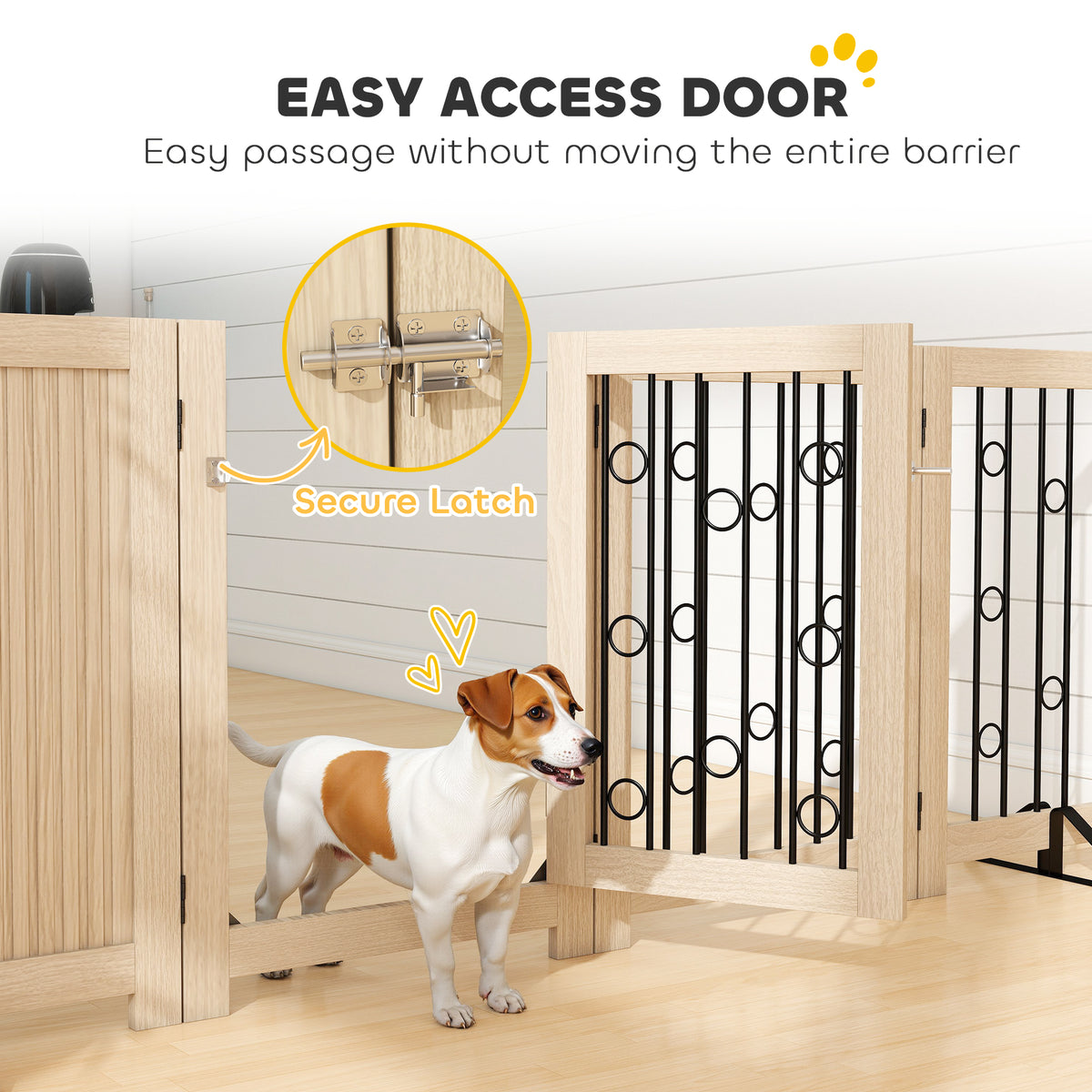 Freestanding Dog Gate, Wooden Foldable Pet Gate with 4 Panels, Walk-Through Door, Support Feet, Non-Slip Mats, Dog Safety Fence for Doorways, Stairs and Hallways, Oak