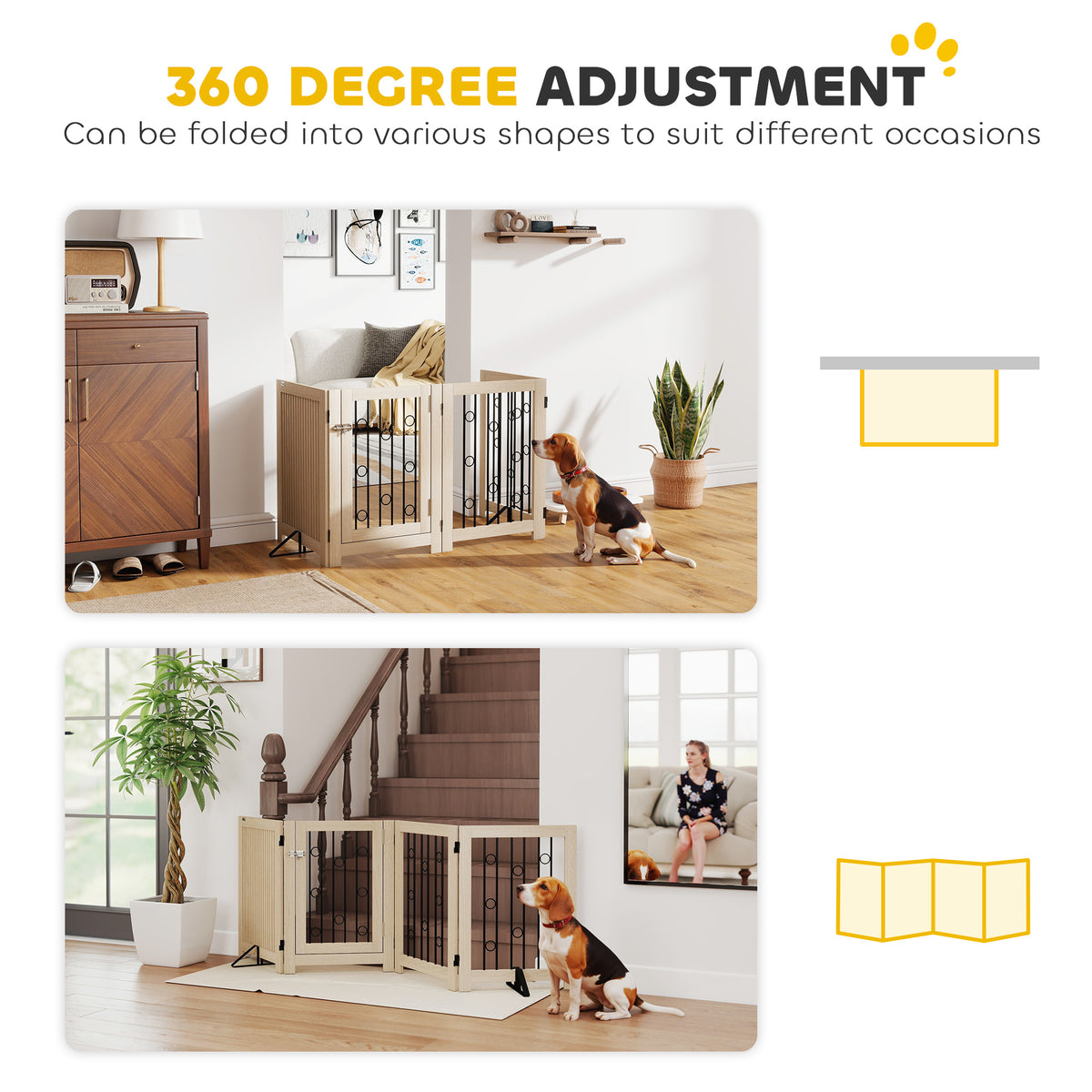 Freestanding Dog Gate, Wooden Foldable Pet Gate with 4 Panels, Walk-Through Door, Support Feet, Non-Slip Mats, Dog Safety Fence for Doorways, Stairs and Hallways, Oak
