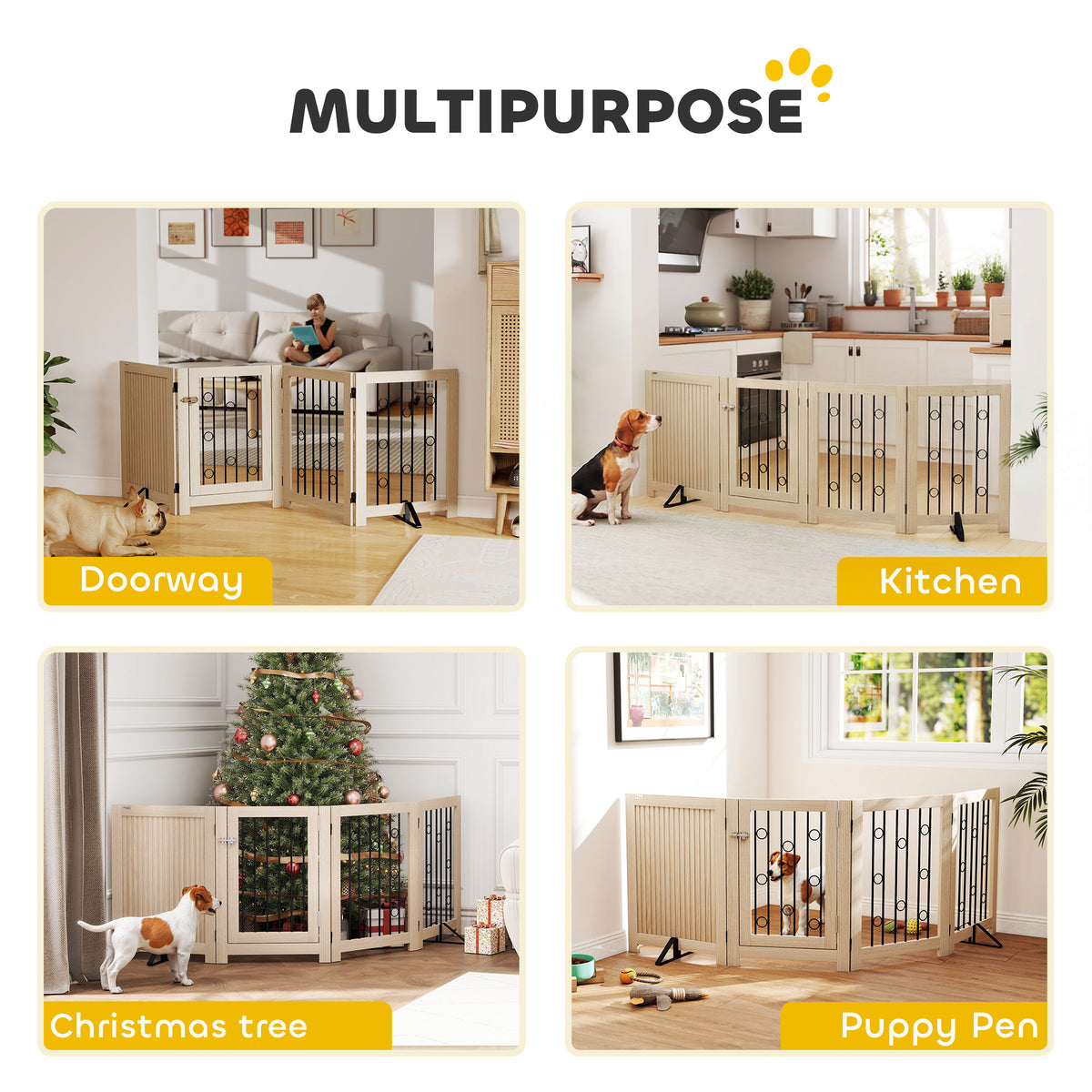 Freestanding Dog Gate, Wooden Foldable Pet Gate with 4 Panels, Walk-Through Door, Support Feet, Non-Slip Mats, Dog Safety Fence for Doorways, Stairs and Hallways, Oak